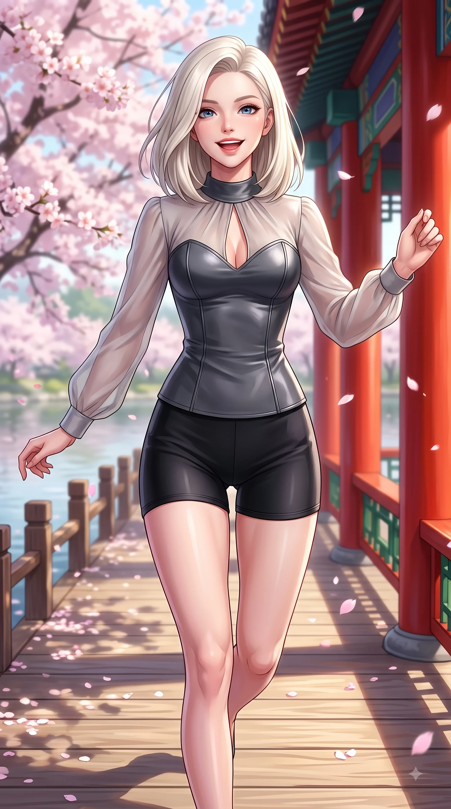 score_9, masterpiece, best quality, ultra-detailed, high-budget anime keyframe, editorial fashion photography, tasteful artistic composition, Caucasian woman. close-up cowboy shot from the waist and thighs up, the character dominates the composition, filling the frame with her large presence, background elements kept in soft focus. Cheerful beaming smile with parted lips, exuding pure enchanting charm while turning dynamically toward the camera while leaping with a beaming happy smile along a wooden lakeside boardwalk lined with sakura trees, red vermilion pavilion columns contrasting vividly with green spring foliage. She has an exceptionally elegant, slender, and willowy female figure with an ultra-slim waist, a gracefully sculpted slender torso, and a refined silhouette. sharp v-shaped jawline, high-bridge nose, intricate jewel-like eyes with depth, thick eyelashes, glossy lips with a natural sheen, flawlessly proportioned anatomical accuracy, natural body alignment, perfectly sculpted elegant limbs, clean dynamic posture without body distortion. wearing a tailored leather bustier over a sheer silk chiffon blouse in charcoal grey and platinum, formed from sleek second-skin neoprene, accented with a Tasteful chest slit framing her clavicle gracefully, the sleek second-skin texture accentuating her magnetic presence. surrounded by a serene, uplifting spring aura with cheerful highlights. highly saturated vibrant anime colors, detailed shading with soft gradients, rich glossy textures, high-contrast stereoscopic depth, volumetric dynamic lighting, master piece, 9:16 ratio