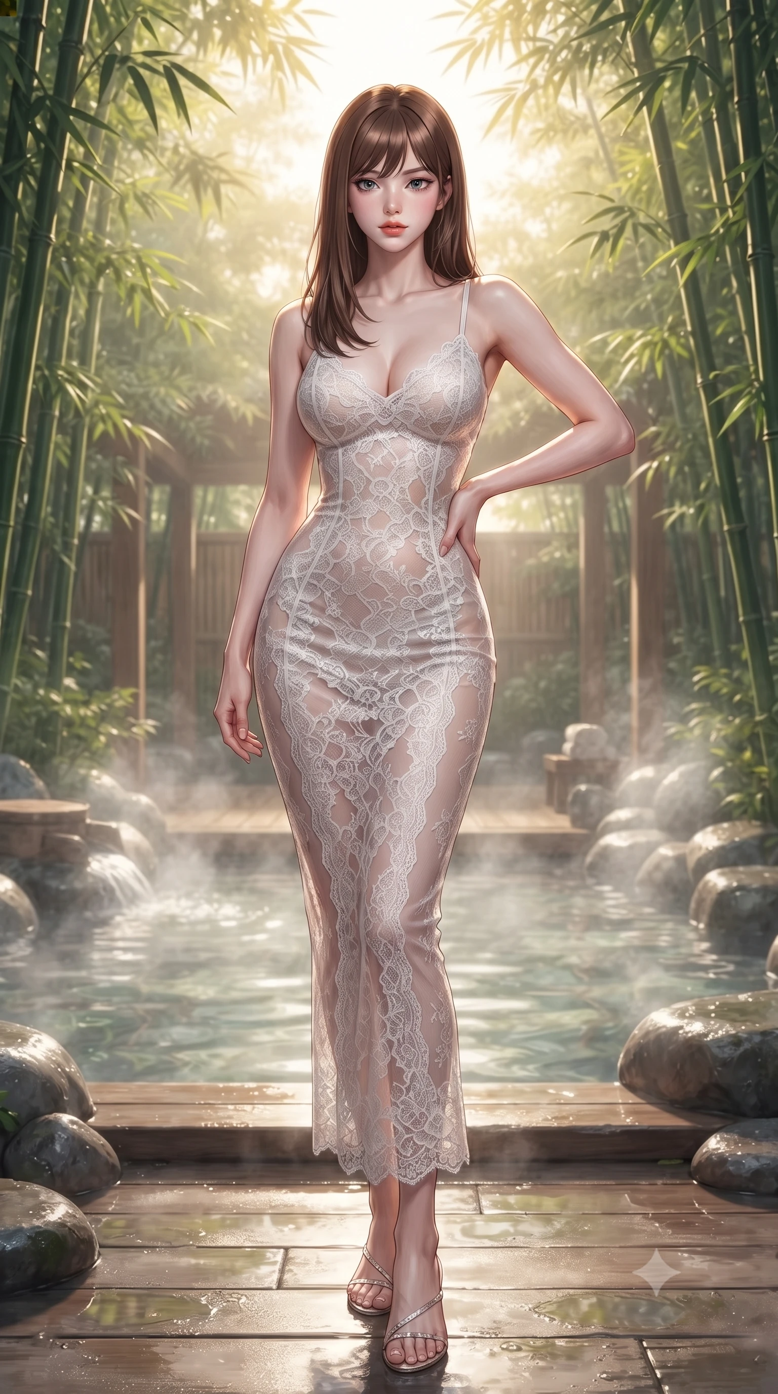 score_9, masterpiece, best quality, ultra-detailed, high-budget anime keyframe, editorial fashion photography, tasteful artistic composition, Korean woman woman. low angle full-body shot from head to toe showing her feet, filling the entire 9:16 vertical frame with her statuesque presence, stretching her vertical silhouette. posing confidently with one hand on her hip, stretching her statuesque body to emphasize her curves the background shows a soft-focus a wooden open-air hot spring pool surrounded by dense green bamboo and smooth stones. She has an absolutely perfect, statuesque 8.5-heads proportion, an exceptionally tall and slender model-like female figure with impossibly long slender legs and an ultra-slim waist. sharp v-shaped jawline, high-bridge nose, intricate jewel-like eyes with depth, thick eyelashes, glossy lips with a natural sheen. wearing a body-hugging delicate white lace slip dress with semi-transparent panels, tracing her elegant curves. soft morning mist rising from the water, diffusing the golden sunlight. ultra-reflective glossy finish, specular highlights, metallic sheen, high-contrast stereoscopic depth, volumetric dynamic lighting, 2k, ultra detail, master piece, 9:16 ratio