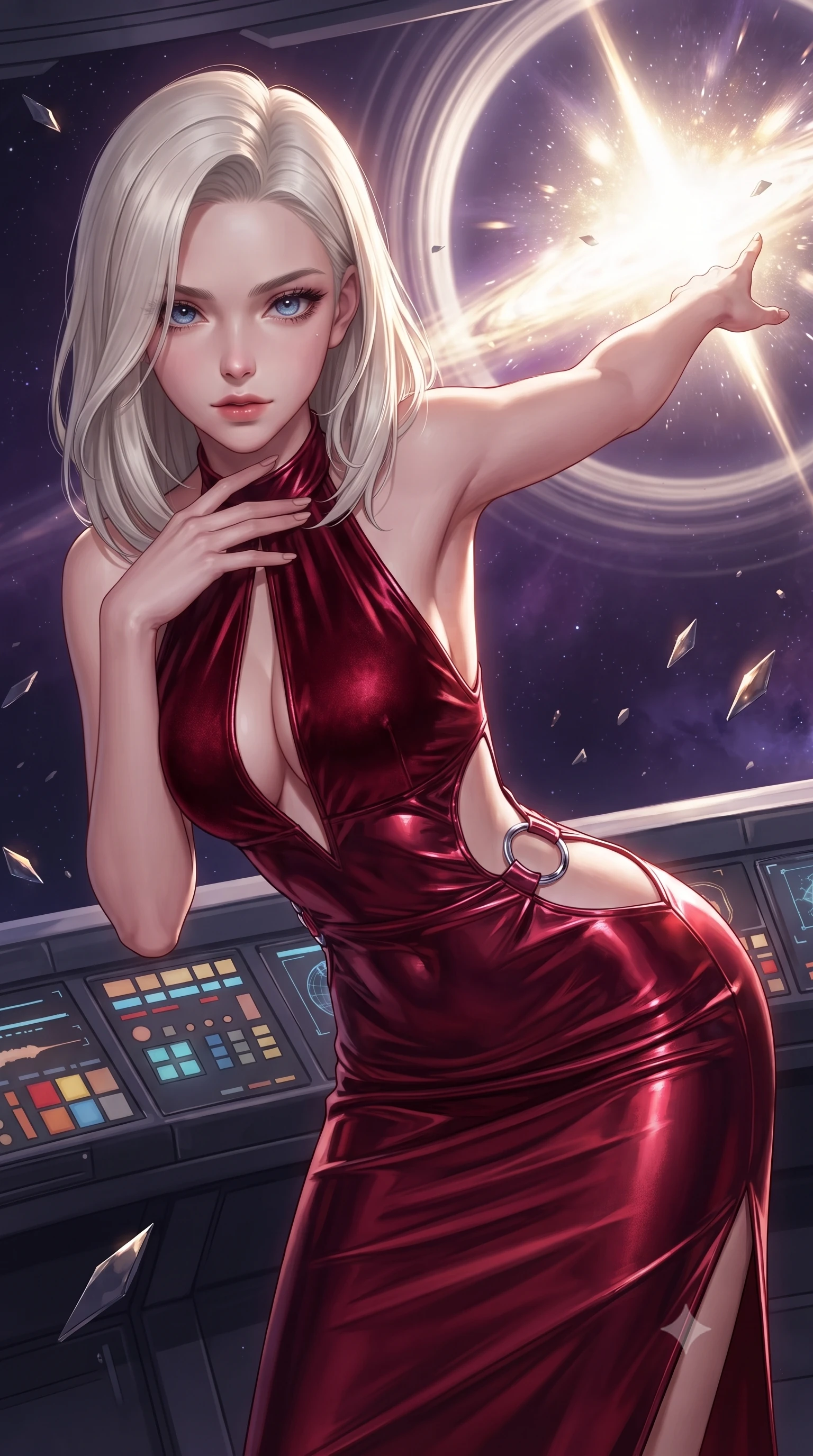 score_9, masterpiece, best quality, ultra-detailed, high-budget anime keyframe, editorial fashion photography, tasteful artistic composition, Caucasian woman. close-up cowboy shot from the waist and thighs up, the character dominates the composition, filling the frame with her large presence. leaning forward with a dangerous, enticing smolder, resting one hand near her collarbone while casting a fiery, magnetic direct gaze while extending one arm gracefully toward the exploding celestial star with an ethereal, smoldering expression. The surrounding environment is rendered in vivid detail and crisp panoramic clarity. intricate starship control console buttons, floating alloy shard edges, and supernova shockwave rings in deep focus. She has an exceptionally elegant, slender, and willowy female figure with an ultra-slim waist, a gracefully sculpted slender torso, and a refined silhouette. sharp v-shaped jawline, high-bridge nose, intricate jewel-like eyes with depth, thick eyelashes, glossy lips with a natural sheen, flawlessly proportioned anatomical accuracy, natural body alignment, perfectly sculpted elegant limbs, clean dynamic posture without body distortion. wearing a velvet halter-neck midi dress fitting her statuesque contour flawlessly with a Tasteful chest slit and open spine in deep ruby red and polished chrome accents, made of liquid metal jersey that clings flawlessly to every contour of her build, detailed with polished silver rings connecting the daring side-waist cutouts, the glove-like fit tightly following every curve of her statuesque athletic build. bathed in blinding white and gold supernova celestial radiance with deep cosmic purple shadows. ultra-reflective glossy finish, specular highlights, metallic sheen, high-contrast stereoscopic depth, volumetric dynamic lighting, 2k, ultra detail, master piece, 9:16 ratio