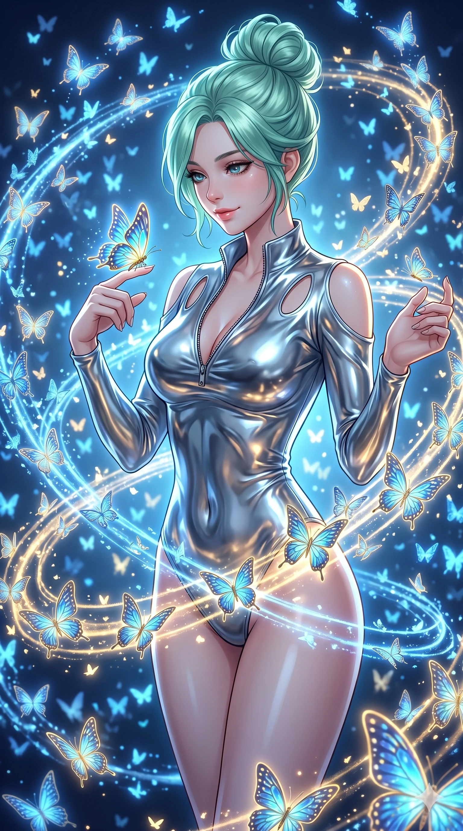 score_9, masterpiece, best quality, ultra-detailed, high-budget anime keyframe, Japanese woman. Upper body close-up from the thighs up, character filling the screen for maximum presence. She is surrounded by thousands of glowing digital butterflies that orbit her body. She reaches out to let one land on her finger, looking at it with a soft, captivating smile. She has an absolutely perfect 8-heads proportion, an exceptionally tall and slender female figure with impossibly long slender legs and an ultra-slim waist. V-shaped jawline, high-bridge nose, intricate jewel-like eyes with depth, thick eyelashes, glossy lips with a natural sheen. She is wearing a form-fitting top made of molten liquid-mercury fabric that clings to her curves, with strategic tear-drop shoulder cutouts and a dangerously unzipped front collar. The scene is lit by brilliant blue and gold light from the butterflies and a sharp side key light. 2k, ultra detail, master piece, 9:16 ratio