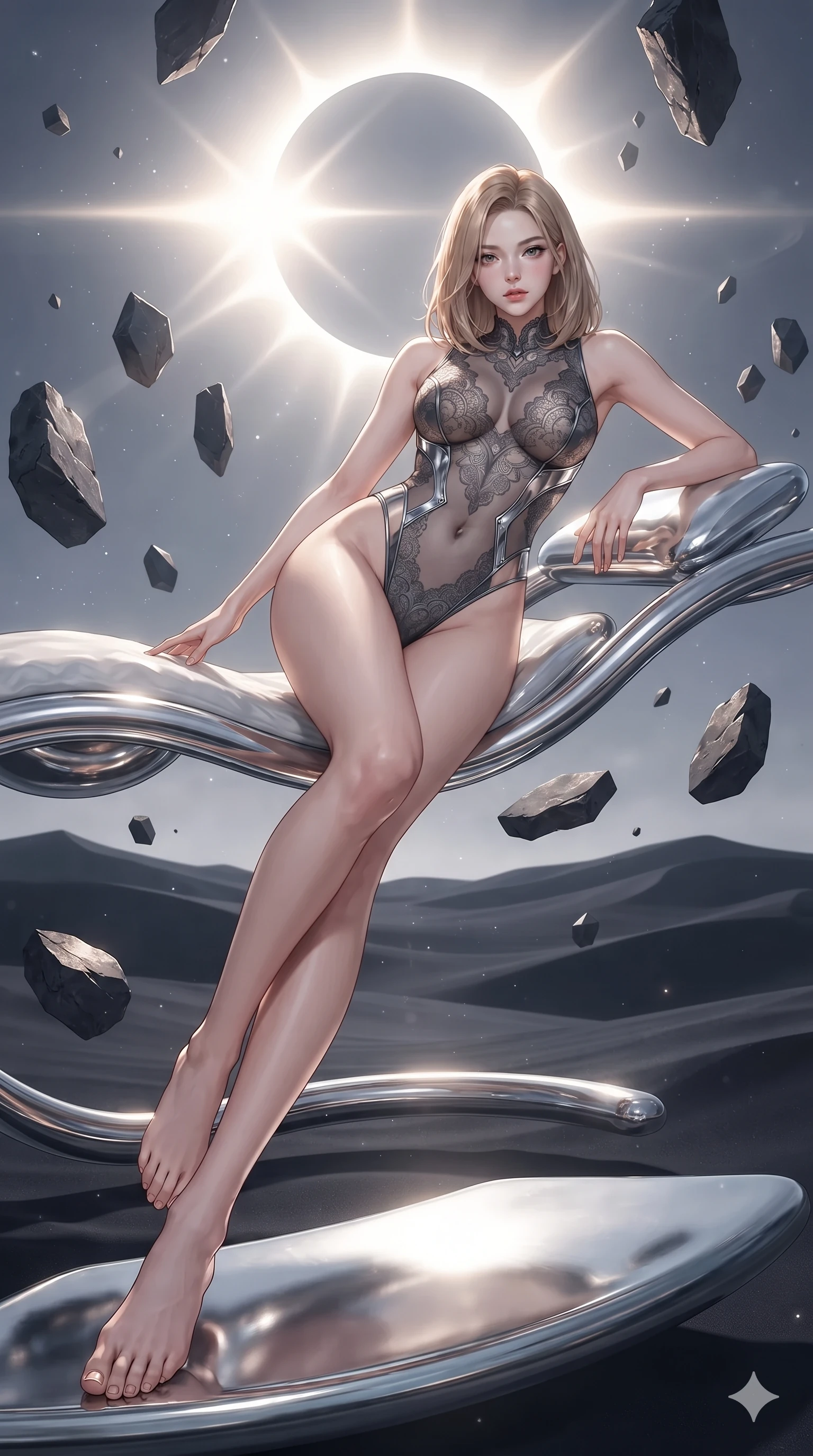 score_9, masterpiece, best quality, ultra-detailed, high-budget anime keyframe, editorial fashion photography, tasteful artistic composition, Korean woman. low angle full-body shot from head to toe showing her feet, filling the entire 9:16 vertical frame with her statuesque presence, stretching her vertical silhouette. reclining gracefully across the anti-gravity daybed with one leg extended, her sculpted silhouette and flat midriff radiating magnetic futuristic glamour while twisting her slender torso in an alluring S-curve between floating stone fragments, diamond eclipse corona light tracing her flat midriff and hourglass curves. The background shows a soft-focus hundreds of hovering obsidian polygon shards, radiant solar corona diamond-ring flare, and dark dunes blurred into platinum, diamond, and charcoal bokeh. She has an absolutely perfect, statuesque 8.5-heads proportion, an exceptionally tall and slender model-like female figure with impossibly long slender legs, an ultra-slim waist, a flat toned midriff, narrow delicate ribcage, and beautifully sculpted feminine hips creating a graceful, slim hourglass silhouette without any bulky heaviness. sharp v-shaped jawline, high-bridge nose, intricate jewel-like sparkling eyes with depth, thick eyelashes, glossy parted lips with a natural sheen, bright confident smile with an enchanting and coquettish sensual glint, exuding both youthful magnetic charm and sovereign high-tech allure, flawlessly proportioned anatomical accuracy, strict slender model proportions, natural body alignment, perfectly sculpted long slender limbs, ultra-slim waistline, clean dynamic posture without body distortion. wearing a provocative sheer-illusion nanotech lace bodysuit with strategic metallic foil flocking and high-cut leg openings in charcoal grey and polished chrome, made of flexible bullet-resistant ballistic microfiber with high-tensile strength, finished with polished chrome buckle hardware and modular magnetic holster clasps, the form-contouring cut accentuating her sculpted flat midriff, narrow delicate ribcage, and gracefully curvy hips with cybernetic supermodel precision. illuminated by reflective shard bounces and intense silver-white rim lights carving her sculpted collarbones, ultra-slim waist, and curvy hips. ultra-reflective glossy finish, specular highlights, rich textural contrasts, high-contrast stereoscopic depth, volumetric dynamic lighting, 2k, ultra detail, master piece, 9:16 ratio