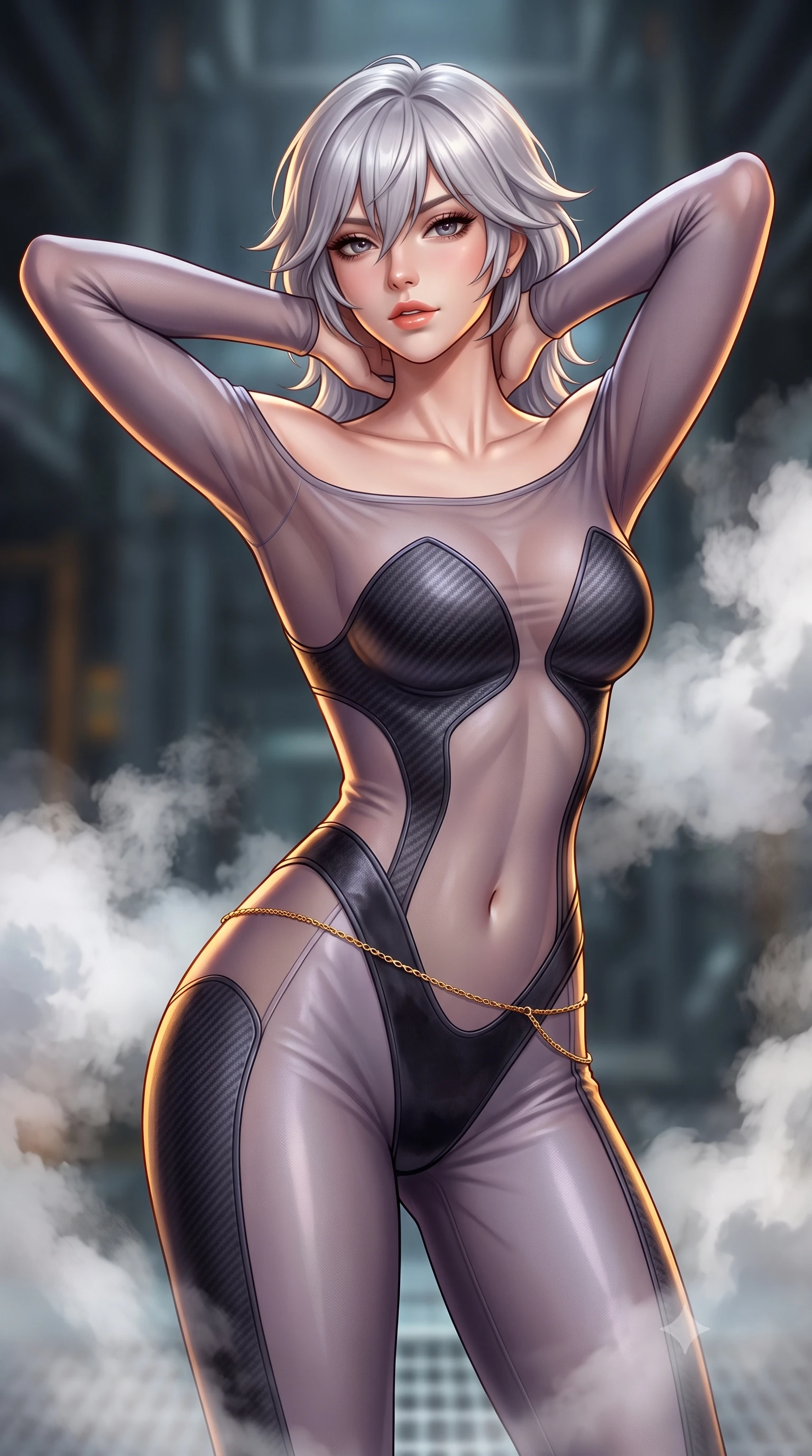 score_9, masterpiece, best quality, ultra-detailed, high-budget anime keyframe, semi-realistic 3D game render, editorial fashion photography, tasteful artistic composition, Japanese woman. close-up cowboy shot from the waist and thighs up, the character dominates the composition, filling the frame with her large presence. resting both hands lightly behind her neck with elbows raised, arching her spine to highlight her narrow waist, flat midriff, and breathtaking collarbones while twisting her slender torso in an alluring S-curve, high-pressure steam plumes framing her form-fitting tactical suit and curvy hips. The background shows a soft-focus deep silo shaft depths softened in industrial sci-fi shallow focus. She has an exceptionally elegant, slender, and willowy female figure with an ultra-slim waist, flat toned midriff, narrow ribcage, and sculpted feminine hips creating an alluring, slim hourglass silhouette without bulk. sharp v-shaped jawline, high-bridge nose, sparkling eyes with hypnotic seductive depth, thick curled eyelashes, glossy parted lips with a natural dewy peach sheen, alluring bedroom-eyes with an enchanting coquettish smile, exuding magnetic siren charisma and sophisticated glamour, flawlessly proportioned anatomical accuracy, strict slender model proportions, natural body alignment, perfectly sculpted long slender limbs, ultra-slim waistline, clean dynamic posture without body distortion. wearing an off-the-shoulder sheer-illusion mesh stealth catsuit with strategically placed carbon-fiber patches hugging her curves in dusky lavender mist and dark charcoal velvet, woven from buttery-soft stretch lambskin leather adhering to her body like a second skin, accented with a dainty gold belly chain resting across her flat midriff and curving hips, the second-skin tailored fabric adhering flawlessly to her sculpted flat midriff and slender torso, emphasizing her long leg lines and perfectly proportioned willowy build. illuminated by steel grating reflection fill and sharp amber-gold rim lighting defining her jawline, ultra-slim waist, and curvy hips. highly saturated vibrant anime colors, detailed shading with soft gradients, rich glossy textures, high-contrast stereoscopic depth, volumetric dynamic lighting, master piece, 9:16 ratio