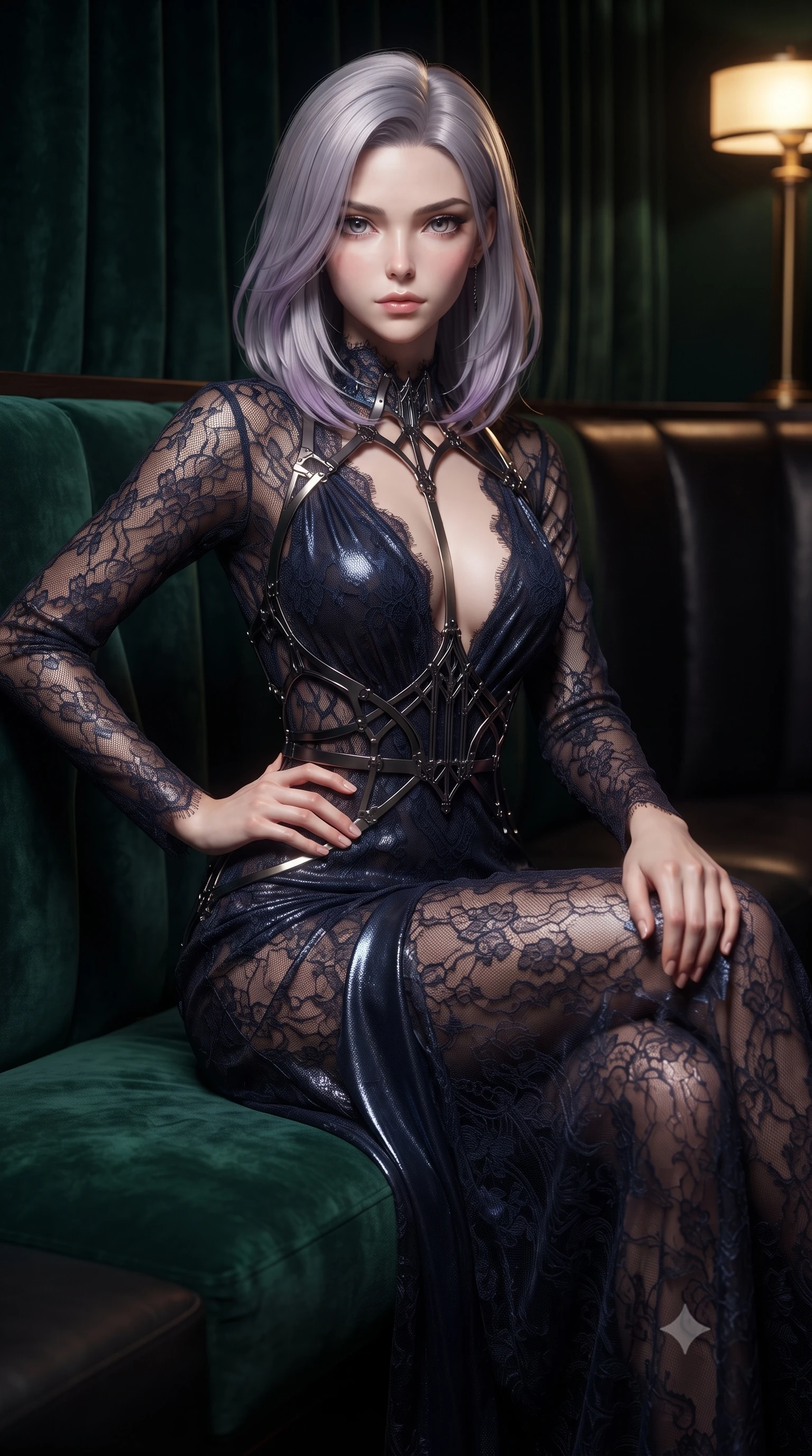 score_9, masterpiece, best quality, ultra-detailed, high-budget anime keyframe, editorial fashion photography, tasteful artistic composition, Caucasian woman. close-up cowboy shot from the waist and thighs up, the character dominates the composition, filling the frame with her large presence, background elements kept in soft focus. Holding a confident power pose with one hand on her hip, seated composedly in a private VIP speakeasy booth lined with dark emerald velvet, crushed emerald velvet and dark leather absorbing ambient light into deep shadows. She has an exceptionally elegant, slender, and willowy female figure with an ultra-slim waist, a gracefully sculpted slender torso, and a refined silhouette. sharp v-shaped jawline, high-bridge nose, intricate jewel-like eyes with depth, thick eyelashes, glossy lips with a natural sheen. wearing gothic nebula sheer dark lace gown with plunging neckline in midnight navy blue, made of liquid dark mercury jersey, highlighted by a gunmetal metallic harness structure, the fitted fabric emphasizing her ultra-slim waist. lit by low-key golden rays highlighting her refined silhouette. ultra-reflective glossy finish, specular highlights, metallic sheen, high-contrast stereoscopic depth, volumetric dynamic lighting, 2k, ultra detail, master piece, 9:16 ratio