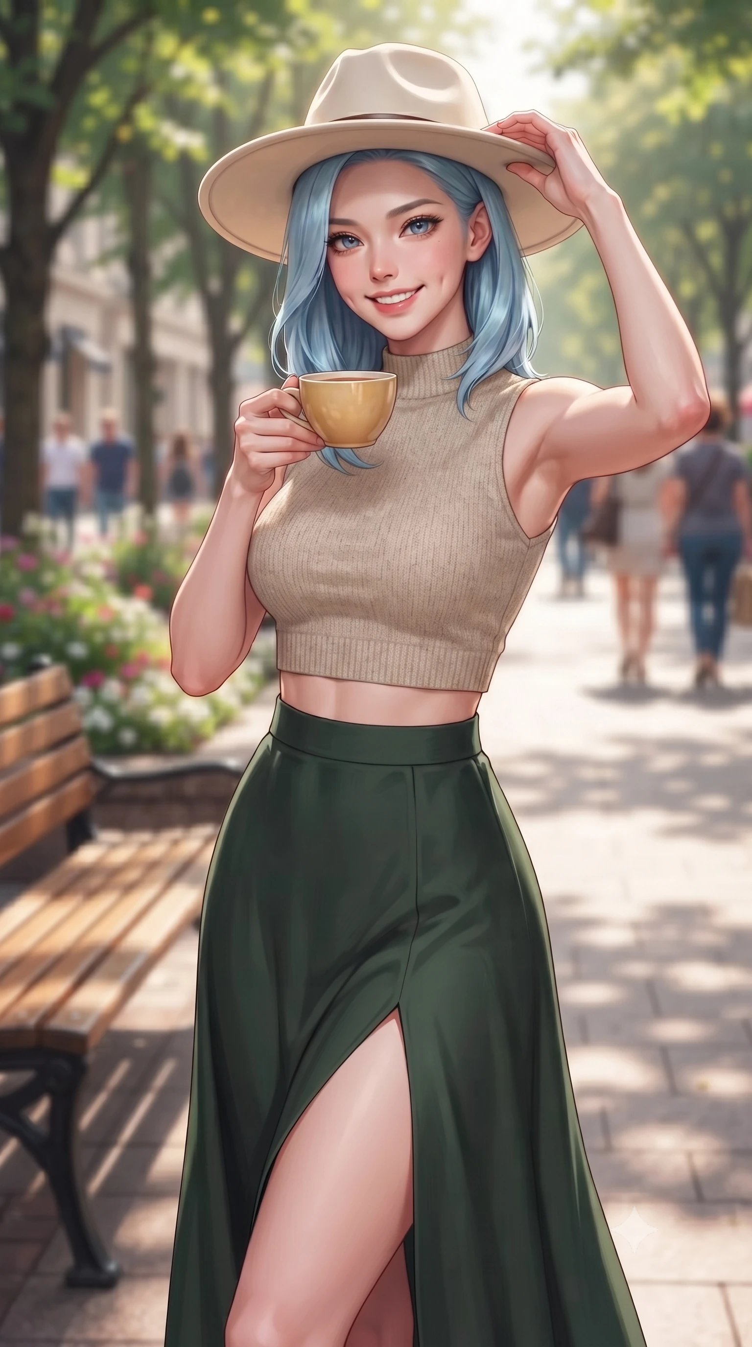 score_9, masterpiece, best quality, ultra-detailed, high-budget anime keyframe, editorial fashion photography, tasteful artistic composition, Korean woman. close-up cowboy shot from the waist and thighs up, the character dominates the composition, filling the frame with her large presence, background elements kept in soft focus. smiling with soft, cute dimples, holding a warm cup of tea with both hands set against a soft-focus background of on a leafy shopping avenue with wooden benches and flower beds adjusting her stylish hat with a bright, confident smile. She has an exceptionally elegant, slender, and willowy female figure with an ultra-slim waist, a gracefully sculpted slender torso, and a refined silhouette. sharp v-shaped jawline, high-bridge nose, intricate jewel-like eyes with depth, thick eyelashes, glossy lips with a natural sheen. wearing tailored crop top in oatmeal knit paired with a flowy midi skirt featuring a high side slit. dappled sunlight filtering through the street trees, casting soft shadows. highly saturated vibrant anime colors, detailed shading with soft gradients, rich glossy textures, high-contrast stereoscopic depth, volumetric dynamic lighting, master piece, 9:16 ratio
