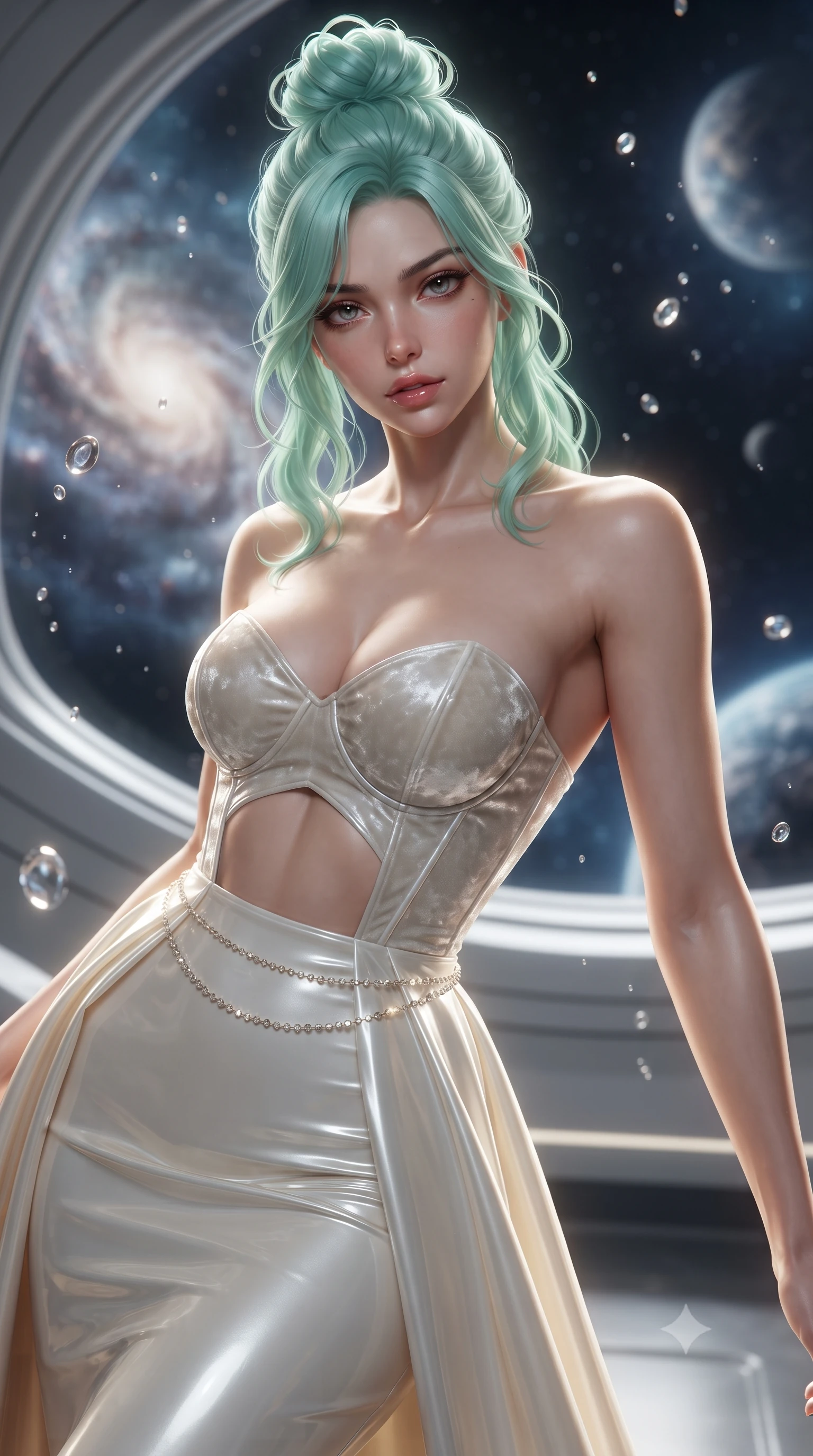 score_9, masterpiece, best quality, ultra-detailed, high-budget anime keyframe, editorial fashion photography, tasteful artistic composition, Japanese woman. close-up cowboy shot from the waist and thighs up, the character dominates the composition, filling the frame with her large presence. leaning back with relaxed seductive grace, her sculpted collarbones and narrow waist highlighted as she casts smoldering bedroom-eyes directly into the camera while standing poised on the high-orbit observation promenade, turning in an elegant dancer S-curve as solar corona radiation paints golden highlights along her silhouette. The composition keeps background elements in soft focus with creamy bokeh. floating zero-gravity droplets and sleek yacht bulkhead ribs softened in glamorous sci-fi shallow focus. She has an exceptionally elegant, slender, and willowy female figure with an ultra-slim waist, flat toned midriff, narrow ribcage, and sculpted feminine hips creating an alluring, slim hourglass silhouette without bulk. sharp v-shaped jawline, high-bridge nose, intricate jewel-like eyes with depth, thick eyelashes, glossy parted lips with a natural sheen, intensely captivating and seductive bedroom-eyes expression, flawlessly proportioned anatomical accuracy, strict slender model proportions, natural body alignment, perfectly sculpted long slender limbs, ultra-slim waistline, clean dynamic posture without body distortion. wearing a deep sweetheart neckline crushed velvet corseted ballgown with an exposed midriff cutout in pure alabaster white and sun-kissed gold, tailored from second-skin aerodynamic stretch vinyl with specular wet sheen, accented with a dainty diamond waist chain catching the ambient light reflections, the second-skin form-contouring cut accentuating her sculpted flat midriff, narrow delicate ribcage, and gracefully curvy hips with supermodel precision. illuminated by cool starlight rim lighting defining her sculpted collarbones, ultra-slim waist, and curvy hips. ultra-reflective glossy finish, specular highlights, rich textural contrasts, high-contrast stereoscopic depth, volumetric dynamic lighting, 2k, ultra detail, master piece, 9:16 ratio