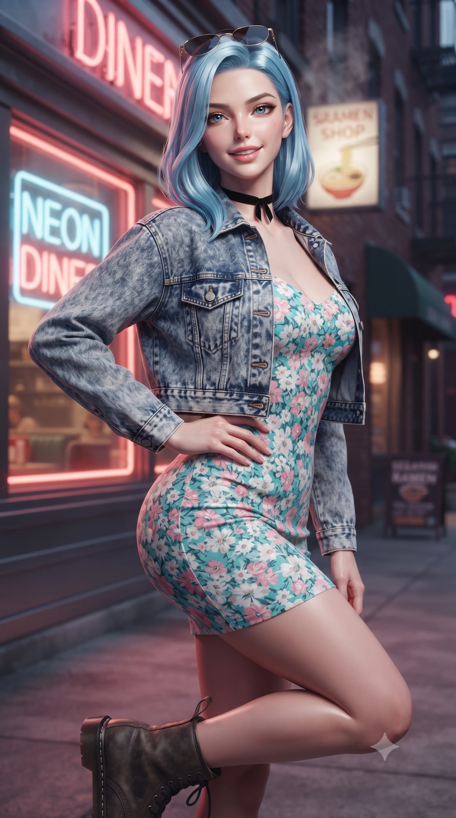 score_9, masterpiece, best quality, ultra-detailed, high-budget anime keyframe, editorial fashion photography, tasteful artistic composition, Korean woman. close-up cowboy shot from the waist and thighs up, the character dominates the composition, filling the frame with her large presence. smiling with subtle, enchanting allure and glossy parted lips, one hand resting on her waist with effortless supermodel poise while pivoting playfully outside a retro diner's glowing neon window, smiling with infectious nostalgic girlhood charm. The composition keeps background elements in soft focus with creamy bokeh. steaming ramen shop vents and classic brick storefronts softened in romantic 35mm shallow focus. She has an exceptionally elegant, slender, and willowy female figure with an ultra-slim waist, a gracefully sculpted slender torso, toned flat midriff, and a refined slim silhouette. sharp v-shaped jawline, high-bridge nose, intricate jewel-like eyes with depth, thick eyelashes, glossy lips with a natural sheen, captivating and magnetic expression, flawlessly proportioned anatomical accuracy, strict slender model proportions, natural body alignment, perfectly sculpted long slender limbs, ultra-slim waistline, clean dynamic posture without body distortion. wearing a classic cropped acid-wash denim jacket paired with a floral print slip dress and combat boots in retro turquoise, baby pink, and white, tailored from velvety soft genuine suede with classic stitched seams, finished with a delicate black velvet ribbon choker and vintage sunglasses, the glove-like aerodynamic second-skin fit tightly clinging to her ultra-slender waist and athletic curves without adding bulk, accentuating her razor-sharp statuesque lines and slim hourglass silhouette. surrounded by a romantic, moody, and irresistibly nostalgic 90s city-pop heroine aura. ultra-reflective glossy finish, specular highlights, rich textural contrasts, high-contrast stereoscopic depth, volumetric dynamic lighting, 2k, ultra detail, master piece, 9:16 ratio