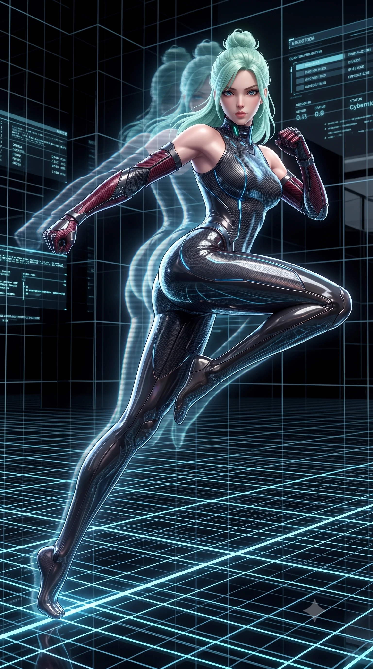 score_9, masterpiece, best quality, ultra-detailed, high-budget anime keyframe, semi-realistic 3D game render, editorial fashion photography, tasteful artistic composition, Japanese woman. low angle full-body shot from head to toe showing her feet, filling the entire 9:16 vertical frame with her statuesque presence, stretching her vertical silhouette. pivoting dynamically in a high-speed low sweep kick along the reflective floor, her athletic torso and ultra-slim waist twisting in a fluid arc of power while shifting at supersonic speed across a glowing quantum grid floor, leaving translucent holographic after-images in her wake. The surrounding environment is rendered in vivid detail and crisp panoramic clarity. razor-sharp quantum grid line geometries, distinct holographic after-image silhouettes, and black glass in deep focus. She has an absolutely perfect, statuesque 8.5-heads proportion, an exceptionally tall and slender model-like female figure with impossibly long slender legs, a toned flat midriff, and an ultra-slim waist. sharp v-shaped jawline, high-bridge nose, intricate jewel-like eyes with depth, thick eyelashes, glossy lips with a natural sheen, flawlessly proportioned anatomical accuracy, strict slender model proportions, natural body alignment, perfectly sculpted long slender limbs, ultra-slim waistline, clean dynamic posture without body distortion. wearing an aerodynamic dark titanium carbon-mesh jumper with glowing blue fiber lines and reinforced Damascus-pattern arm guards in deep crimson carbon weave with specular dark chrome accents, formed from high-gloss patent carbon-plating with specular chiaroscuro reflections, featuring a sleek aerodynamic collar framed by subtle glowing cybernetic status LEDs, the sleek second-skin cut tightly hugging her graceful clavicle, narrow waist, and feminine curves with athletic precision. illuminated by sharp specular highlights tracing her ultra-slim waist, long legs, and sculpted collarbones. rich saturated anime colors with glowing neon highlights, detailed shading with soft gradients, rich glossy textures, high-contrast stereoscopic depth, volumetric dynamic lighting, master piece, 9:16 ratio