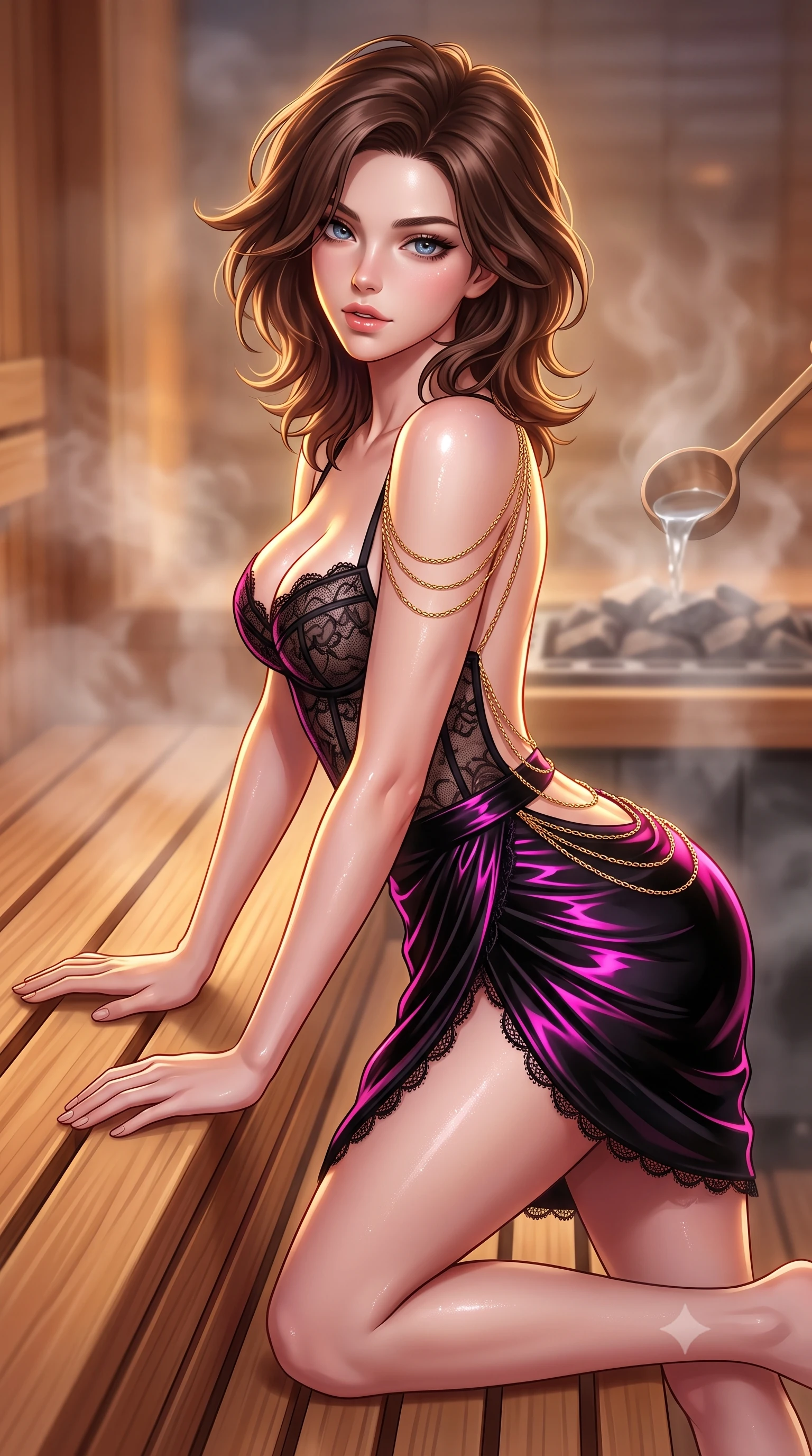 score_9, masterpiece, best quality, ultra-detailed, high-budget anime keyframe, semi-realistic 3D game render, editorial fashion photography, tasteful artistic composition, Korean woman. close-up cowboy shot from the waist and thighs up, the character dominates the composition, filling the frame with her large presence. leaning forward while arching her lower back to accentuate her curvy hips, looking into the camera with an intoxicating smoldering gaze and bedroom-eyes while lounging gracefully on the cedar slats with legs extended, resting on one hand while casting an enchanting, parted-lip smile toward the viewer. The background shows a soft-focus steaming water ladled onto hot sauna rocks softened in Nordic wellness shallow focus. She has an exceptionally elegant, slender, and willowy female figure with an ultra-slim waist, flat toned midriff, narrow ribcage, and sculpted feminine hips creating an alluring, slim hourglass silhouette without bulk. sharp v-shaped jawline, high-bridge nose, sparkling eyes with hypnotic seductive depth, thick curled eyelashes, glossy parted lips with a natural dewy peach sheen, alluring bedroom-eyes with an enchanting coquettish smile, exuding magnetic siren charisma and sophisticated glamour, flawlessly proportioned anatomical accuracy, strict slender model proportions, natural body alignment, perfectly sculpted long slender limbs, ultra-slim waistline, clean dynamic posture without body distortion. wearing a sculpted underwire demi-bustier in semi-sheer lace paired with an ultra-short draped tulip skirt in wet-look onyx black with electric magenta reflections, made of delicate semi-sheer French Chantilly lace with intricate eyelash edges, accented with an open-back drape framed by falling strands of delicate gold chains, the high-slit wrap tailoring accentuating her ultra-slim waistline and the enchanting curve of her feminine hips with alluring seductive charm. illuminated by dewy skin specular highlights and sharp golden-amber rim lights sculpting her jawline, narrow waist, and feminine hips. highly saturated vibrant anime colors, detailed shading with soft gradients, rich glossy textures, high-contrast stereoscopic depth, volumetric dynamic lighting, master piece, 9:16 ratio