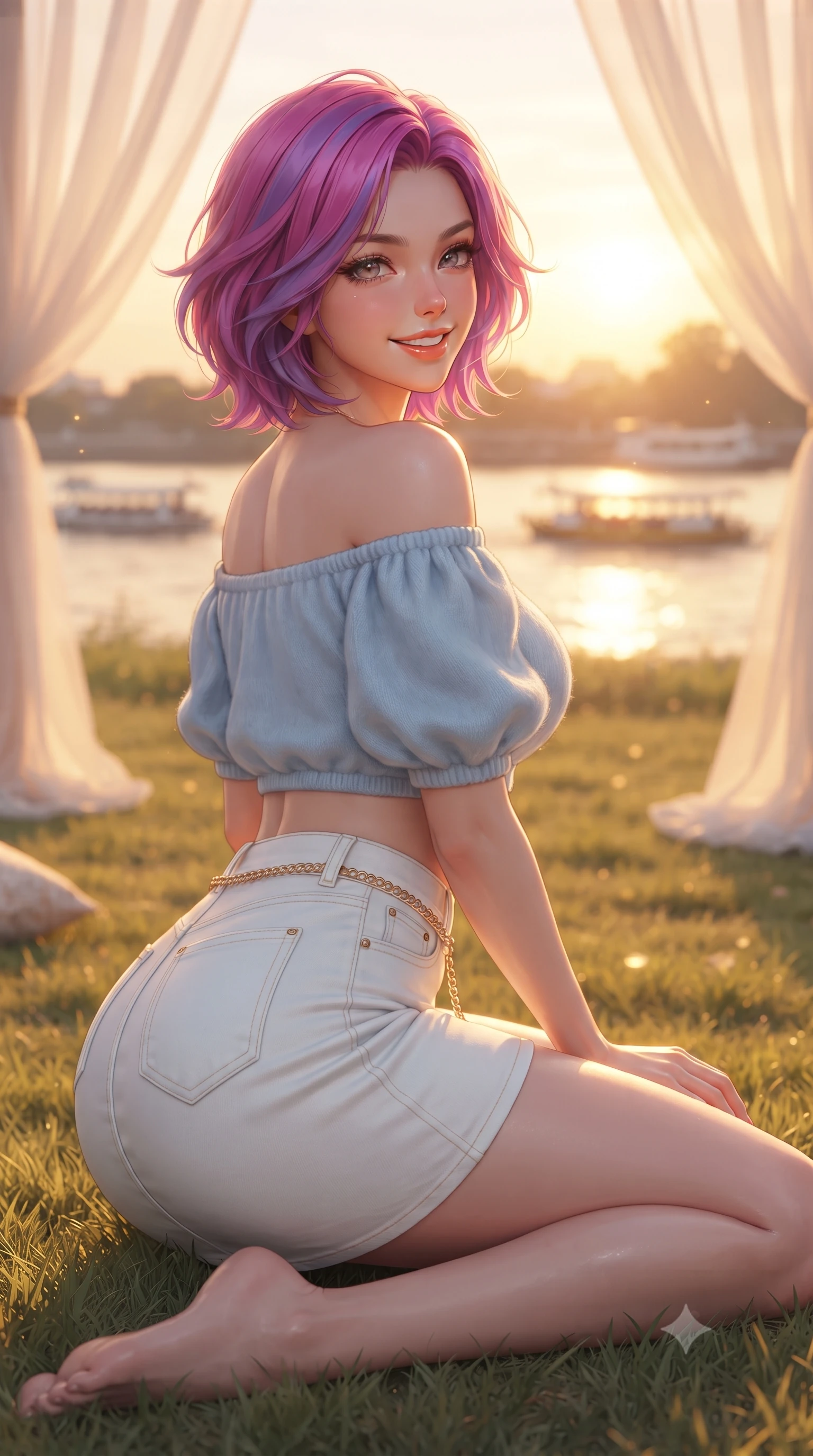 score_9, masterpiece, best quality, ultra-detailed, high-budget anime keyframe, editorial fashion photography, tasteful artistic composition, Caucasian woman. close-up cowboy shot from the waist and thighs up, the character dominates the composition, filling the frame with her large presence. posing in an alluring rear three-quarter angle, turning over a bare shoulder with an intoxicating cute smile, her hips cocked back to highlight her slim hourglass curve while reclining on the soft grass with one knee drawn up, her long slender legs and curvy hips sculpted by the warm golden hour twilight. The composition keeps background elements in soft focus with dreamy creamy bokeh. sheer white picnic canopy drapes and passing river ferries softened in romantic shallow focus. She has an exceptionally elegant, slender, and willowy female figure with an ultra-slim waist, flat toned midriff, narrow ribcage, and sculpted feminine hips creating an alluring, slim hourglass silhouette without bulk. sharp v-shaped jawline, high-bridge nose, intricate jewel-like sparkling eyes with depth, thick eyelashes, glossy parted lips with a natural peach sheen, bright cheerful beaming smile with an enchanting and coquettish sensual glint, exuding both youthful cute charm and seductive allure, flawlessly proportioned anatomical accuracy, strict slender model proportions, natural body alignment, perfectly sculpted long slender limbs, ultra-slim waistline, clean dynamic posture without body distortion. wearing an off-shoulder puff-sleeve crop blouse with a tight high-waisted denim A-line mini skirt emphasizing her curvy hips in soft baby blue and crisp cloud white, crafted from soft cozy cashmere yarn with an airy drape, accented with a delicate gold chain belt resting loosely on her curvy hips, the liquid-tight tailored fabric clinging flawlessly to her narrow waist and rounded feminine hips, emphasizing every millimeter of her sculpted slim hourglass curves without any bulky heaviness. bathed in breathtaking golden hour sunset backlighting painting the river in molten gold. ultra-reflective glossy finish, specular highlights, rich textural contrasts, high-contrast stereoscopic depth, volumetric dynamic lighting, 2k, ultra detail, master piece, 9:16 ratio