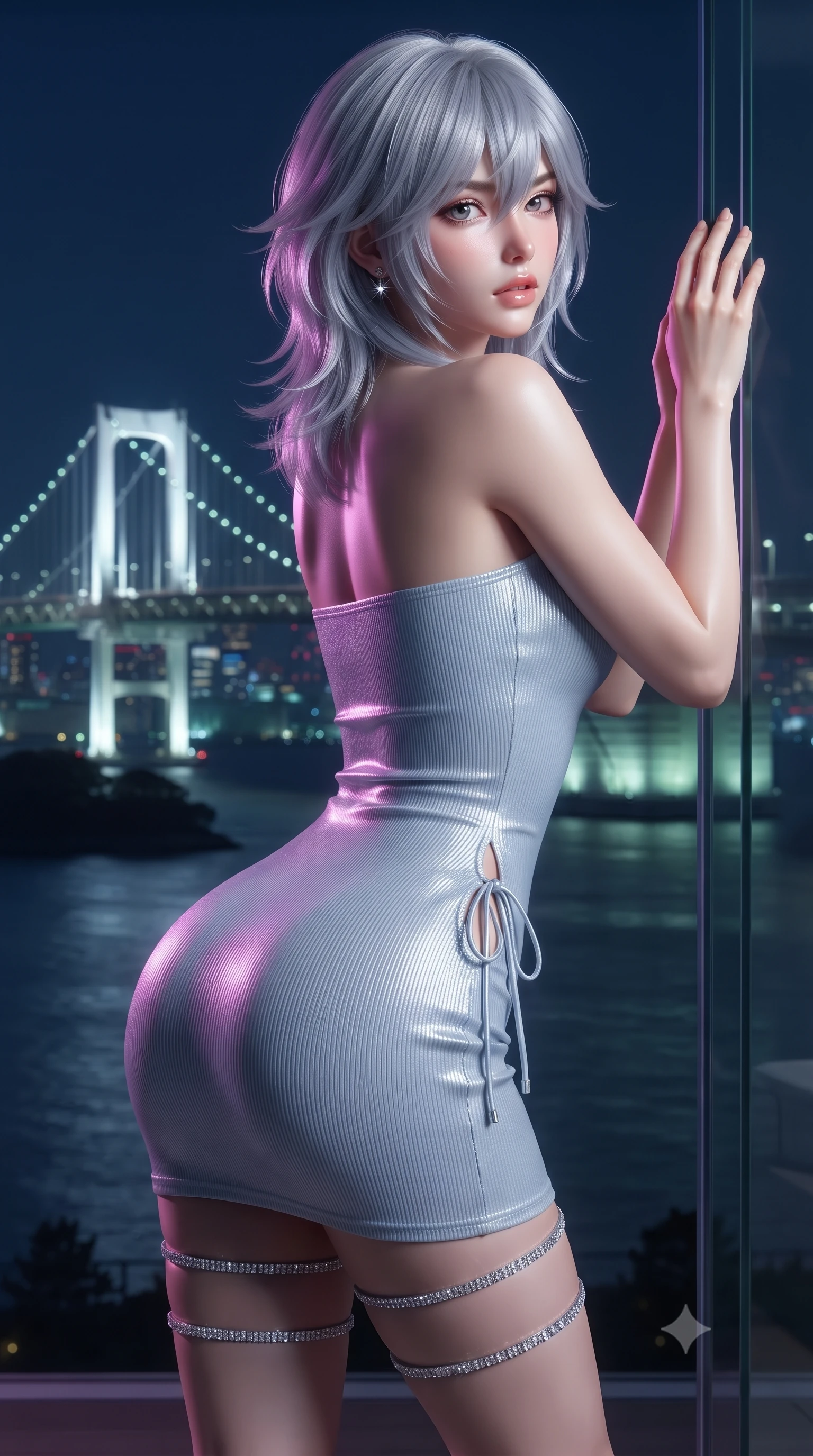 score_9, masterpiece, best quality, ultra-detailed, high-budget anime keyframe, editorial fashion photography, tasteful artistic composition, Japanese woman. close-up cowboy shot from the waist and thighs up, the character dominates the composition, filling the frame with her large presence. posing in an alluring rear three-quarter angle, looking over a bare shoulder with parted glossy lips, her hips cocked back to highlight her slim hourglass curve while leaning against the frameless glass edge with hips cocked back, looking out toward the illuminated Rainbow Bridge with an intoxicating bedroom-gaze. The surrounding environment is rendered in vivid detail and crisp panoramic clarity: detailed wet-look liquid vinyl bodysuit cling, diamond ear studs gleam, and waterfront penthouse engineering in high resolution. She has an exceptionally elegant, slender, and willowy female figure with an ultra-slim waist, flat toned midriff, narrow ribcage, and sculpted feminine hips creating an alluring, slim hourglass silhouette without bulk. sharp v-shaped jawline, high-bridge nose, sparkling eyes with hypnotic seductive depth, thick curled eyelashes, glossy parted lips with a natural dewy peach sheen, alluring bedroom-eyes with an enchanting coquettish smile, exuding magnetic siren charisma and sophisticated glamour, flawlessly proportioned anatomical accuracy, strict slender model proportions, natural body alignment, perfectly sculpted long slender limbs, ultra-slim waistline, clean dynamic posture without body distortion. wearing a form-contouring ribbed knit tube dress with subtle side-lace ties tracing the curve of her hips in icy aurora-violet and glacial liquid silver, tailored from fine structural neoprene with crisp architectural edges and smooth contouring, finished with delicate crystal-encrusted thigh garter straps glinting in the dim light, the liquid-tight tailored fabric clinging flawlessly to her narrow waist and rounded feminine hips, emphasizing every millimeter of her sculpted slim hourglass curves without any bulky heaviness. illuminated by bay water surface reflections and sharp magenta-cyan rim lights defining her delicate clavicles, narrow waist, and curvy hips. ultra-reflective glossy finish, specular highlights, rich textural contrasts, high-contrast stereoscopic depth, volumetric dynamic lighting, 2k, ultra detail, master piece, 9:16 ratio