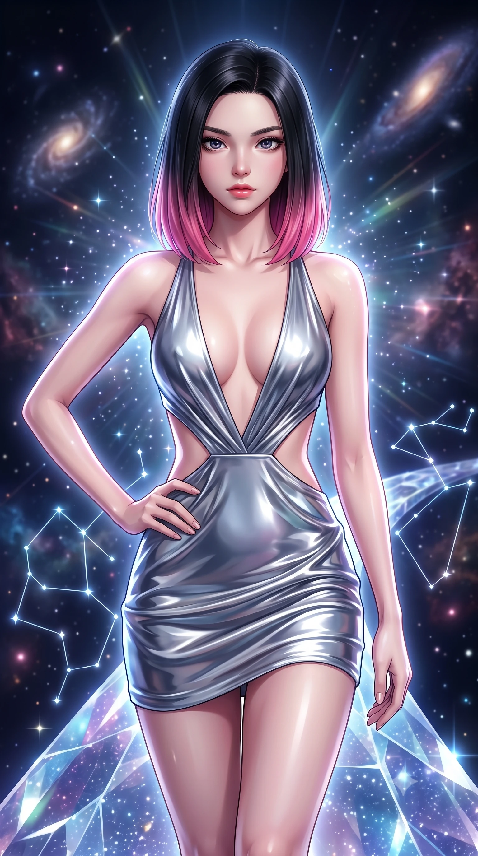 score_9, masterpiece, best quality, ultra-detailed, high-budget anime keyframe, editorial fashion photography, tasteful artistic composition, Korean woman. close-up cowboy shot from the waist and thighs up, the character dominates the composition, filling the frame with her large presence, background elements kept in soft focus. Holding a confident power pose with one hand on her hip, gazing directly into the camera with quiet intensity stepping along a crystalline cosmic bridge in deep space, glowing constellation lines tracing intricate patterns nearby. She has an exceptionally elegant, slender, and willowy female figure with an ultra-slim waist, a gracefully sculpted slender torso, and a refined silhouette. sharp v-shaped jawline, high-bridge nose, intricate jewel-like eyes with depth, thick eyelashes, glossy lips with a natural sheen. wearing a liquid mercury gloss mini dress with ultra-deep plunging V-neck and dramatic waist cutouts, the elegant draped fit framing her graceful clavicle and slender torso. surrounded by a glowing aura of starlight and shimmering celestial rays. highly saturated vibrant anime colors, detailed shading with soft gradients, rich glossy textures, high-contrast stereoscopic depth, volumetric dynamic lighting, master piece, 9:16 ratio