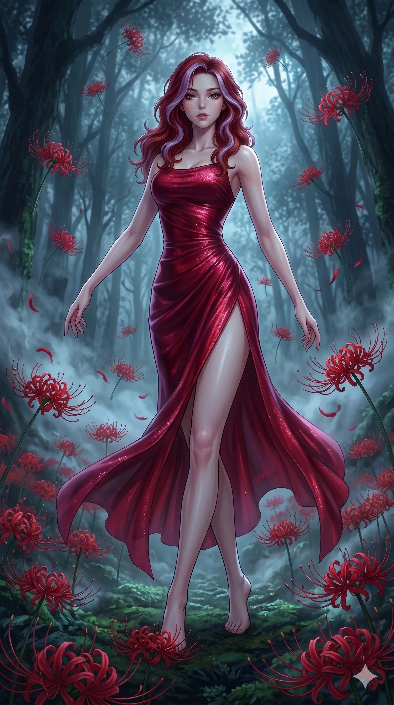 score_9, masterpiece, best quality, ultra-detailed, High-budget Anime Keyframe, East Asian woman. Low angle cowboy shot filling the entire 9:16 frame with her statuesque presence. Scenario 55: Dancing amidst falling red spider lilies in a misty dark forest. Her presence is magnetic and overpowering in this high-budget anime scene. Outfit 55: A shimmering chiffon bare with a thigh-high slit and tight-fitting silhouette. The clothing is designed to emphasize her exceptionally tall and slender 8-heads proportion. 8-heads proportion, towering silhouette, ultra-slim waist. sharp v-shaped jawline, intricate jewel-like eyes with depth, thick eyelashes, glossy lips. 2k, ultra detail, master piece, 9:16 ratio