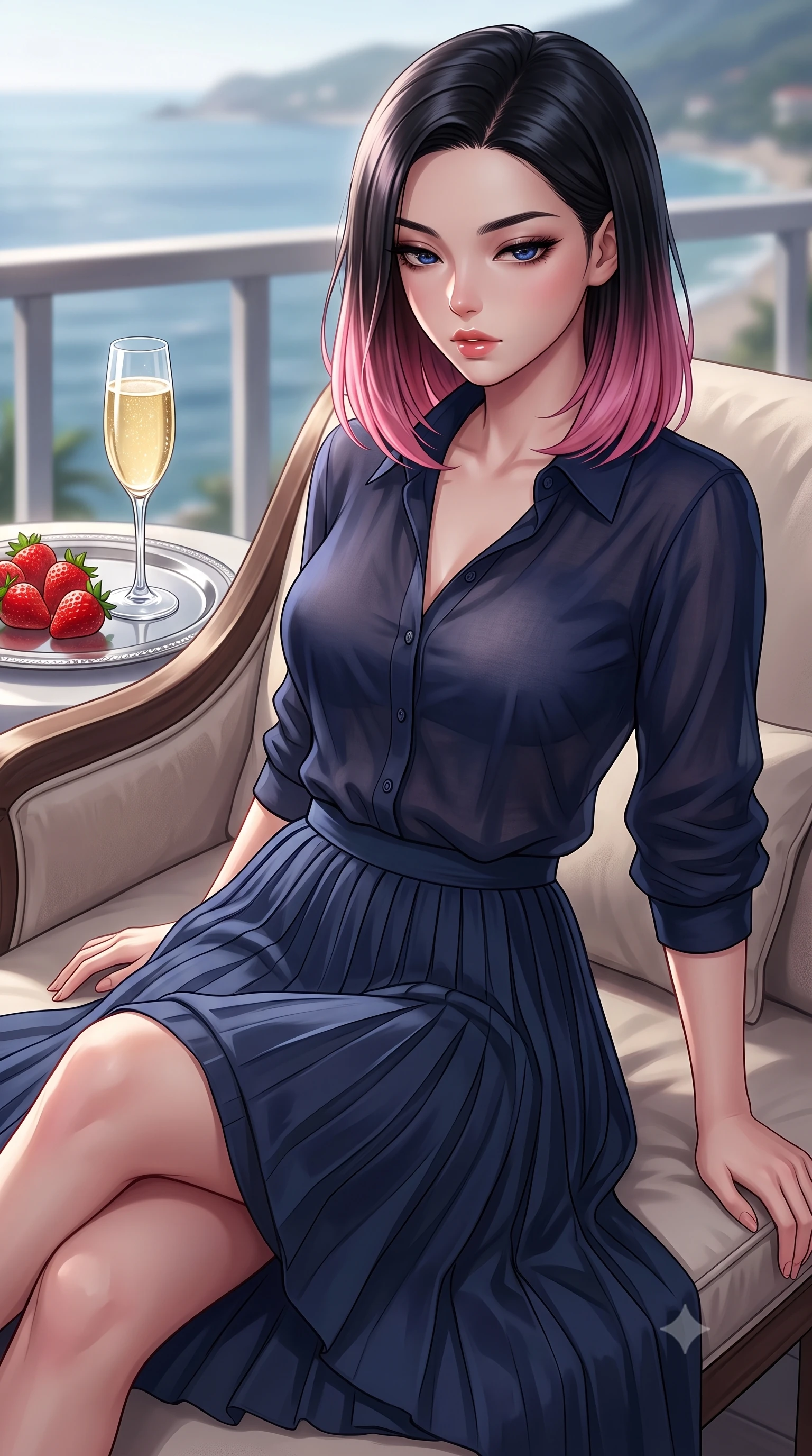 score_9, masterpiece, best quality, ultra-detailed, high-budget anime keyframe, editorial fashion photography, tasteful artistic composition, Korean woman. close-up cowboy shot from the waist and thighs up, the character dominates the composition, filling the frame with her large presence, background elements kept in soft focus. looking down at the viewer beneath lowered lashes with a quiet, smoldering confidence and parted lips set against a soft-focus background of inside an exclusive oceanfront balcony with a crystal glass of sparkling champagne and fresh strawberries on a silver tray. She has an exceptionally elegant, slender, and willowy female figure with an ultra-slim waist, a gracefully sculpted slender torso, and a refined silhouette. sharp v-shaped jawline, high-bridge nose, intricate jewel-like eyes with depth, thick eyelashes, glossy lips with a natural sheen. wearing form-contouring midnight navy semi-opaque chiffon casual linen button-down shirt paired with a flowy pleated midi skirt featuring refined tailored seams. accented by a single dramatic key light highlighting her statuesque posture and slim waist. highly saturated vibrant anime colors, detailed shading with soft gradients, rich glossy textures, high-contrast stereoscopic depth, volumetric dynamic lighting, master piece, 9:16 ratio