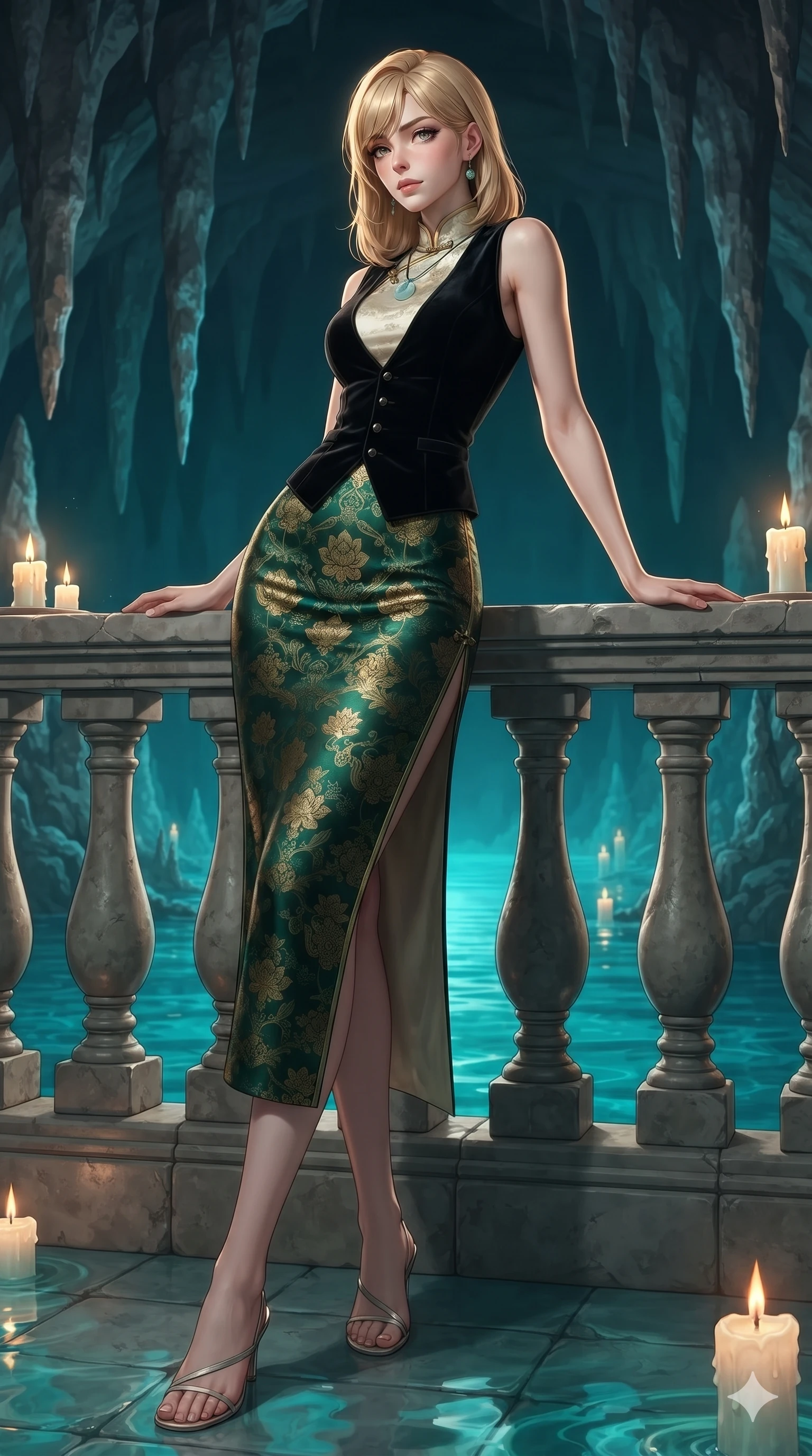 score_9, masterpiece, best quality, ultra-detailed, high-budget anime keyframe, editorial fashion photography, tasteful artistic composition, Caucasian woman. low angle full-body shot from head to toe showing her feet, filling the entire 9:16 vertical frame with her statuesque presence, stretching her vertical silhouette. leaning deep against the balcony balustrade with hips cocked back in an unapologetically alluring high-fashion stance, casting an intoxicating glance while twisting her slender torso in an alluring contrapposto stance, floating candle flames and turquoise water reflections tracing her curves. The surrounding environment is rendered in vivid detail and crisp panoramic clarity: sharp stalactite stone ridges, clear turquoise water surface refraction, and candle flame reflections in deep focus. She has an absolutely perfect, statuesque 8.5-heads proportion, an exceptionally tall and slender model-like female figure with impossibly long slender legs, an ultra-slim waist, a flat toned midriff, narrow delicate ribcage, and beautifully sculpted feminine hips creating a graceful, slim hourglass silhouette without any bulky heaviness. sharp v-shaped jawline, high-bridge nose, sparkling eyes with hypnotic seductive depth, thick curled eyelashes, glossy parted lips with a natural dewy peach sheen, alluring bedroom-eyes with an enchanting coquettish smile, exuding magnetic siren charisma and sophisticated glamour, flawlessly proportioned anatomical accuracy, strict slender model proportions, natural body alignment, perfectly sculpted long slender limbs, ultra-slim waistline, clean dynamic posture without body distortion. wearing an aristocratic black velvet baeja vest worn over a tailored high-neck ivory silk maxi dress in dark emerald forest and brushed antique gold, tailored from rich silk jacquard with subtle embossed lotus blossom patterns, finished with a minimalist celadon porcelain pendant on a fine silk cord, the bespoke structured tailoring following the natural line of her 8.5-heads silhouette with refined elegance. illuminated by turquoise pool water bounce and sharp cyan-gold rim lights sculpting her razor-sharp jawline, narrow waist, and curvy hips. ultra-reflective glossy finish, specular highlights, rich textural contrasts, high-contrast stereoscopic depth, volumetric dynamic lighting, 2k, ultra detail, master piece, 9:16 ratio