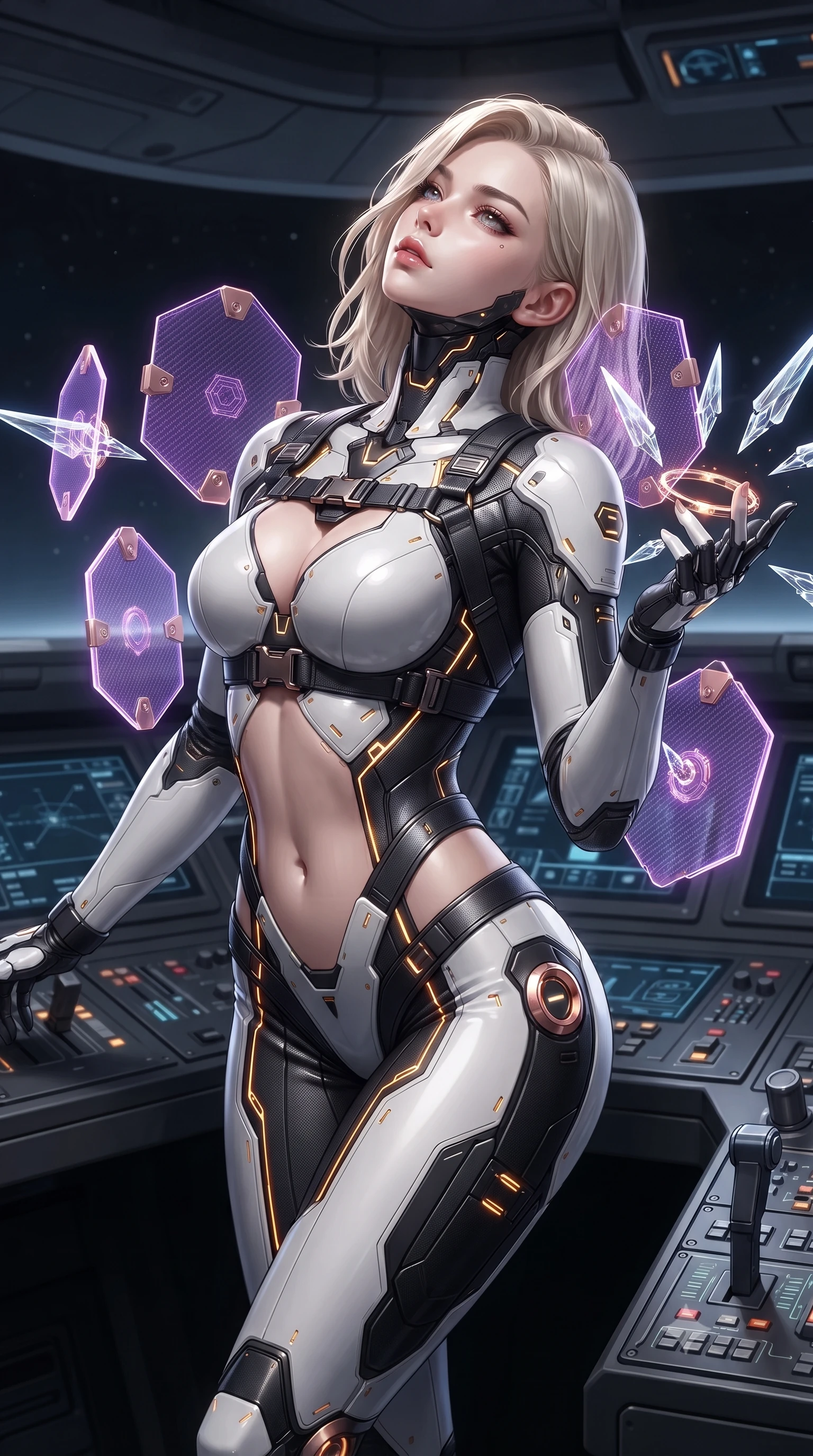score_9, masterpiece, best quality, ultra-detailed, high-budget anime keyframe, editorial fashion photography, tasteful artistic composition, Caucasian woman. close-up cowboy shot from the waist and thighs up, the character dominates the composition, filling the frame with her large presence. tilting her head back with serene regal elegance, her sharp jawline and sculpted collarbones highlighted by glowing weapon energy reflections while leaning against a flight control console with one hand extended, directing the floating blades with graceful finger gestures. The surrounding environment is rendered in vivid detail and crisp panoramic clarity. razor-sharp floating crystal blade edges, glowing levitation drive rings, and flight deck surface textures in deep focus. She has an exceptionally elegant, slender, and willowy female figure with an ultra-slim waist, a gracefully sculpted slender torso, toned flat midriff, and a refined slim silhouette. sharp v-shaped jawline, high-bridge nose, intricate jewel-like eyes with depth, thick eyelashes, glossy lips with a natural sheen, flawlessly proportioned anatomical accuracy, strict slender model proportions, natural body alignment, perfectly sculpted long slender limbs, ultra-slim waistline, clean dynamic posture without body distortion. wearing a high-contrast monochrome white-and-black carbon-composite exoskeleton suit with glowing amber circuitry, deploying floating hexagonal holographic energy shields with sovereign grace in royal purple carbon fiber with rose-gold hardware and clasps, made of lightweight aerodynamic carbon-titanium alloy with polished edge bevels, reinforced by a sleek titanium tactical harness and glowing micro-energy straps, the precision-cut daring openings accentuating her delicate midriff, graceful bare collarbones, and ultra-slim feminine waistline. illuminated by crisp specular highlights tracing her sculpted collarbones, waistline, and long slender legs. ultra-reflective glossy finish, specular highlights, dark metallic sheen, high-contrast stereoscopic depth, volumetric dynamic lighting, 2k, ultra detail, master piece, 9:16 ratio