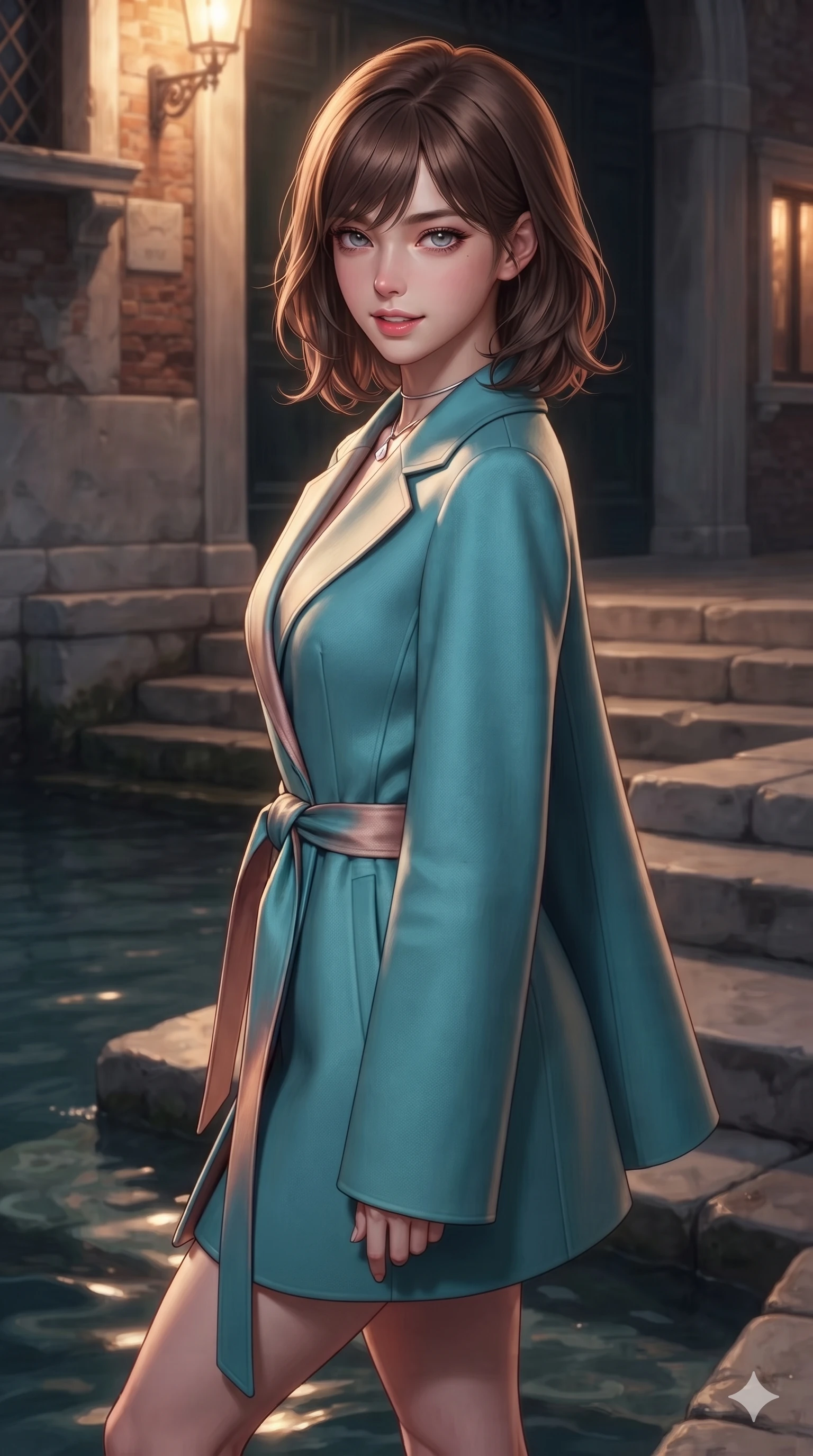 score_9, masterpiece, best quality, ultra-detailed, high-budget anime keyframe, editorial fashion photography, tasteful artistic composition, Korean woman. close-up cowboy shot from the waist and thighs up, the character dominates the composition, filling the frame with her large presence. turning over a bare shoulder with an intoxicating, teasing smile, her soft hair framing her sharp jawline as her hips angle gracefully in a captivating contrapposto while standing poised on the submerged marble water-steps, arching her spine with seductive elegance as canal waves lap gently against the palazzo foundation. The surrounding environment is rendered in vivid detail and crisp panoramic clarity: detailed dress tailoring, liquid-tight fit, and ancient Venetian engineering in razor-sharp precision. She has an exceptionally elegant, slender, and willowy female figure with an ultra-slim waist, flat toned midriff, narrow ribcage, and sculpted feminine hips creating an alluring, slim hourglass silhouette without bulk. sharp v-shaped jawline, high-bridge nose, intricate jewel-like eyes with depth, thick eyelashes, glossy parted lips with a natural sheen, intensely captivating and seductive bedroom-eyes expression, flawlessly proportioned anatomical accuracy, strict slender model proportions, natural body alignment, perfectly sculpted long slender limbs, ultra-slim waistline, clean dynamic posture without body distortion. wearing a tailored double-faced cashmere cape coat with structured lapels and a self-tying belt cinching her waist in Venetian aquamarine silk and rose gold, tailored from water-resistant treated wool gabardine and flexible stretch silk, finished with a minimalist chrome choker and a single teardrop diamond pendant, the bespoke structured tailoring following the natural line of her 8.5-heads silhouette with refined elegance. bathed in romantic 2600K gaslight lantern radiance mixed with cool nocturnal canal reflections. ultra-reflective glossy finish, specular highlights, rich textural contrasts, high-contrast stereoscopic depth, volumetric dynamic lighting, 2k, ultra detail, master piece, 9:16 ratio
