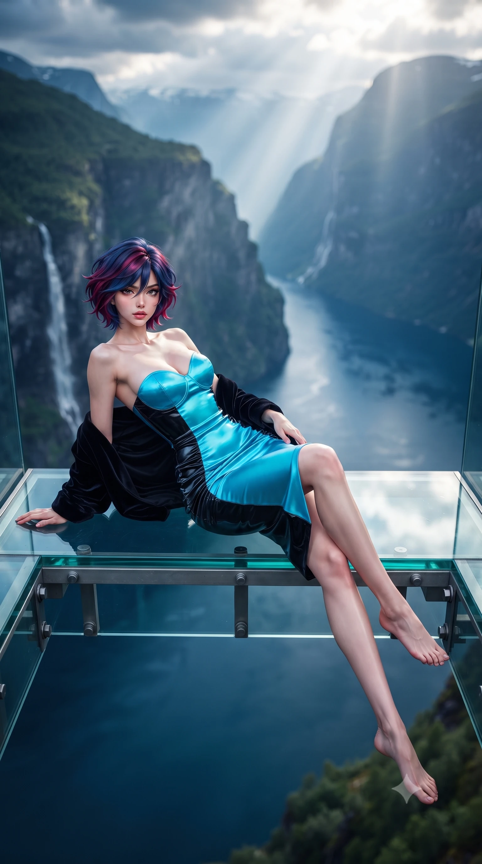 score_9, masterpiece, best quality, ultra-detailed, high-budget anime keyframe, semi-realistic 3D game render, editorial fashion photography, tasteful artistic composition, Korean woman. low angle full-body shot from head to toe showing her feet, filling the entire 9:16 vertical frame with her statuesque presence, stretching her vertical silhouette. reclining on her side in an elegant Cleopatra pose with one knee drawn up, the dramatic contour of her rounded hips and long slender legs commanding the 9:16 vertical frame while standing poised on the cantilevered glass viewing platform suspended 1,000 meters above the deep blue fjord, arching her back with fearless supermodel grace. The composition keeps background elements in soft focus with creamy bokeh. sheer vertical fjord rock walls and cascading waterfalls blurred into deep cobalt, emerald, and misty white bokeh. She has an exceptionally tall and slender model-like 8.5-heads proportion, an ultra-slim waist, a flat toned midriff, narrow delicate ribcage, and beautifully sculpted feminine hips creating a graceful, slim hourglass silhouette without any bulky heaviness, with impossibly long slender legs. sharp v-shaped jawline, high-bridge nose, intricate jewel-like eyes with depth, thick eyelashes, glossy parted lips with a natural sheen, intensely captivating and seductive bedroom-eyes expression, flawlessly proportioned anatomical accuracy, strict slender model proportions, natural body alignment, perfectly sculpted long slender limbs, ultra-slim waistline, clean dynamic posture without body distortion. wearing an ultra-fitted strapless bustier midi dress with side hip ruching and exposed spine in neon electric cyan and lacquer black, tailored from ultra-smooth duchess satin with a pearlescent sheen, complemented by a plush velvet shawl draped loosely over her elbows, the liquid-tight tailored fabric clinging flawlessly to her narrow waist and rounded feminine hips, emphasizing every millimeter of her sculpted slim hourglass curves without any bulky heaviness. bathed in dramatic Scandinavian late afternoon sunbeams breaking through high alpine clouds. highly saturated vibrant anime colors, detailed shading with soft gradients, rich glossy textures, high-contrast stereoscopic depth, volumetric dynamic lighting, master piece, 9:16 ratio