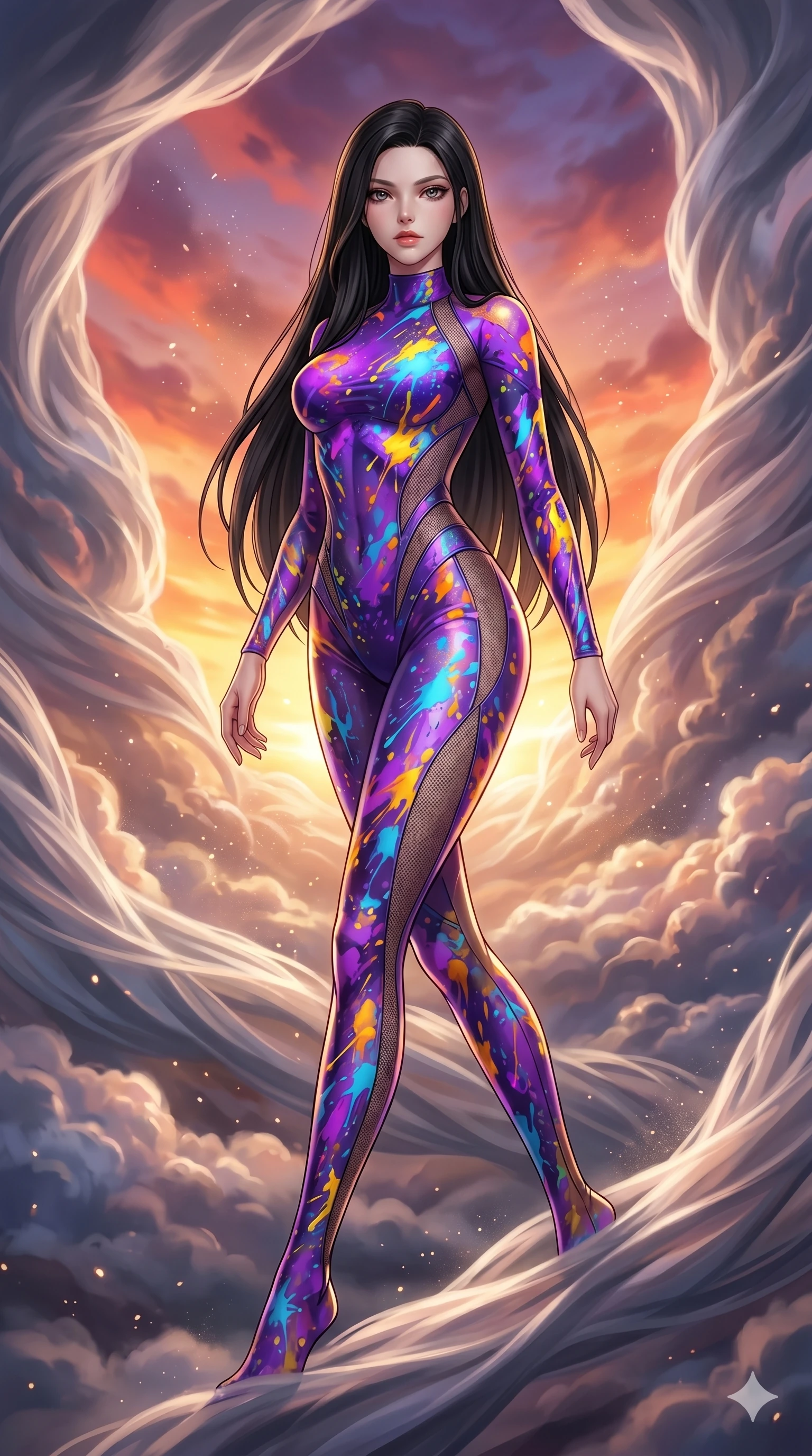 score_9, masterpiece, best quality, ultra-detailed, high-budget anime keyframe, Korean woman. low angle full-body shot filling the entire 9:16 frame with her statuesque presence, stretching the vertical silhouette. threading through a volumetric cloud weave where storm clouds are spun like silk thread under a dramatic sunset glow. She has an absolutely perfect 8-heads proportion, an exceptionally tall and slender female figure with impossibly long slender legs and an ultra-slim waist. V-shaped jawline, high-bridge nose, intricate jewel-like eyes with depth, thick eyelashes, glossy lips with a natural sheen.. wearing a liquid acrylic splash bodysuit, featuring a skin-tight bodysuit that looks like vivid fluorescent acrylic paint splattered and dried, with sheer mesh side panels. illuminated by dramatic chiaroscuro casting soft shadows along her curves, with vibrant backlighting highlighting the dust particles. 2k, ultra detail, master piece, 9:16 ratio