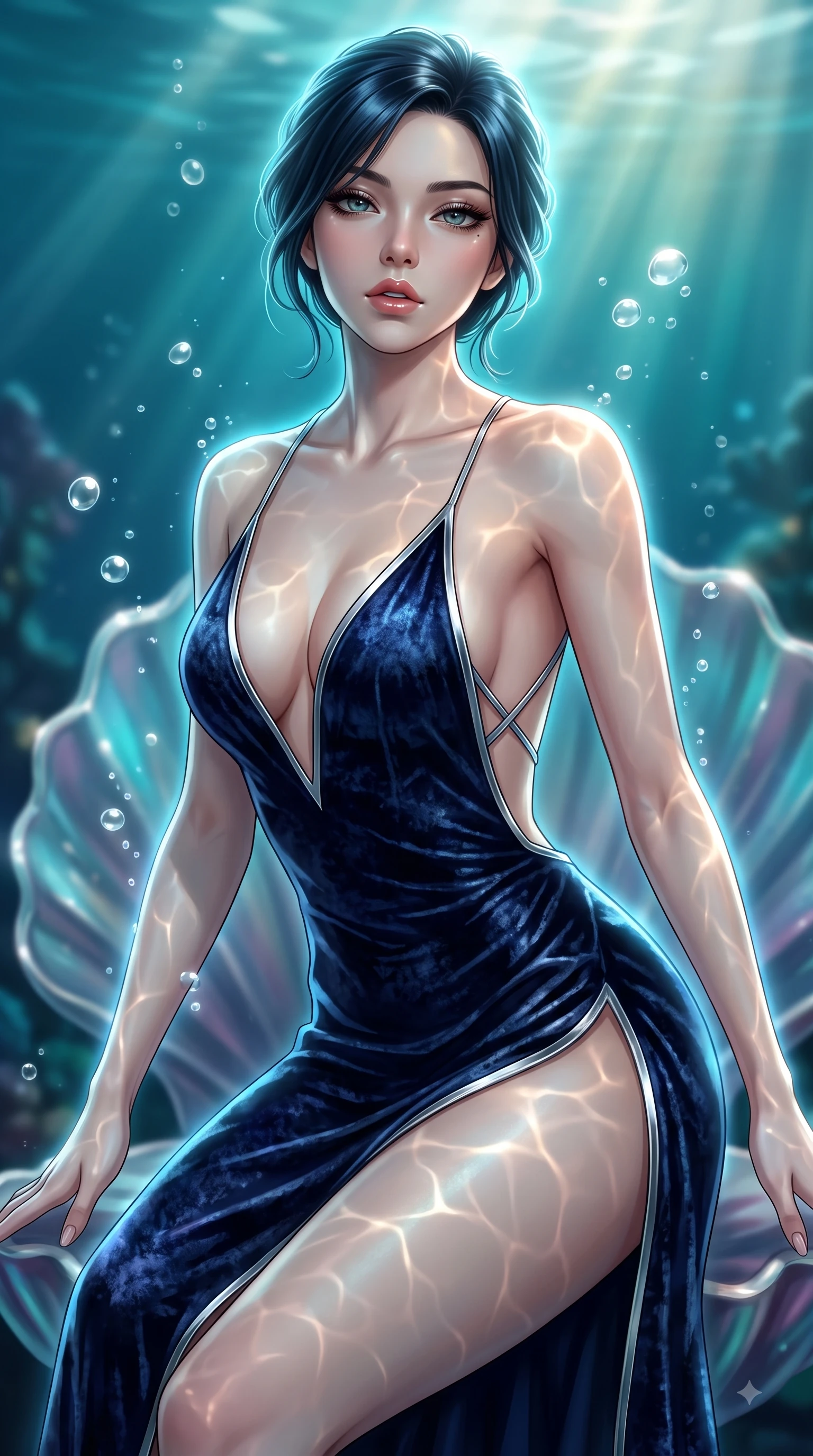 score_9, masterpiece, best quality, ultra-detailed, high-budget anime keyframe, editorial fashion photography, tasteful artistic composition, Japanese woman. close-up cowboy shot from the waist and thighs up, the character dominates the composition, filling the frame with her large presence, background elements kept in soft focus. Leaning forward gracefully with lips parted, casting a smoldering magnetic gaze directly into the lens while poised on an abyssal prism shell throne as gentle sea bubbles cast pearl-white highlights, golden sunbeams penetrating deep turquoise water creating caustic light ripples across her skin. She has an exceptionally elegant, slender, and willowy female figure with an ultra-slim waist, a gracefully sculpted slender torso, and a refined silhouette. sharp v-shaped jawline, high-bridge nose, intricate jewel-like eyes with depth, thick eyelashes, glossy lips with a natural sheen, flawlessly proportioned anatomical accuracy, natural body alignment, perfectly sculpted elegant limbs, clean dynamic posture without body distortion. wearing a backless crushed velvet gown with a deep V-neckline and high thigh slit in midnight navy blue and chrome trim, crafted from smooth liquid silk, complemented by criss-cross back straps highlighting her bare shoulders, the elegant draped fit framing her graceful clavicle and slender torso. surrounded by a shimmering ocean aura with bright pearl-white specular rim lights. ultra-reflective glossy finish, specular highlights, metallic sheen, high-contrast stereoscopic depth, volumetric dynamic lighting, 2k, ultra detail, master piece, 9:16 ratio