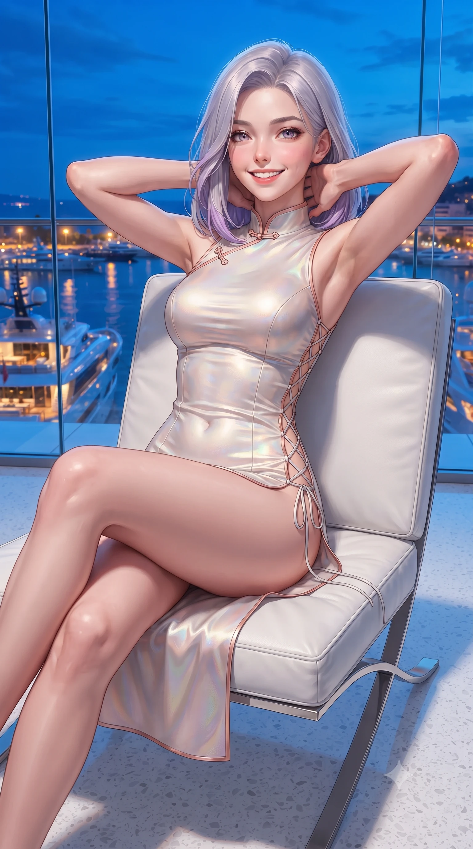 score_9, masterpiece, best quality, ultra-detailed, high-budget anime keyframe, editorial fashion photography, tasteful artistic composition, Caucasian woman. close-up cowboy shot from the waist and thighs up, the character dominates the composition, filling the frame with her large presence. resting both hands lightly behind her neck with elbows raised, arching her spine to highlight her narrow waist, flat midriff, and breathtaking collarbones while lounging in a modern white leather designer chair with legs crossed, holding a crystal martini glass with sovereign nocturnal charisma. The surrounding environment is rendered in vivid detail and crisp panoramic clarity: sharp frameless glass balustrade bevels, brushed titanium door tracks, and polished white terrazzo floor in deep focus. She has an exceptionally elegant, slender, and willowy female figure with an ultra-slim waist, flat toned midriff, narrow ribcage, and sculpted feminine hips creating an alluring, slim hourglass silhouette without bulk. sharp v-shaped jawline, high-bridge nose, intricate jewel-like sparkling eyes with depth, thick eyelashes, glossy parted lips with a natural peach sheen, bright cheerful beaming smile with an enchanting and coquettish sensual glint, exuding both youthful cute charm and seductive allure, flawlessly proportioned anatomical accuracy, strict slender model proportions, natural body alignment, perfectly sculpted long slender limbs, ultra-slim waistline, clean dynamic posture without body distortion. wearing a modern cheongsam-inspired form-fitting sleeveless mini dress with mandarin collar and dramatic hip-high side slits in pure pearl alabaster and iridescent rose gold, woven from buttery-soft stretch lambskin leather adhering to her body like a second skin, featuring fine criss-cross lace-up side ties revealing tantalizing glimpses of her hip curve, the form-contouring silhouette accentuating her sculpted flat midriff, narrow delicate ribcage, and gracefully curvy hips with intoxicating allure. bathed in the dynamic blue-hour sky ambient contrasted with golden harbor lights and yacht deck illumination. ultra-reflective glossy finish, specular highlights, rich textural contrasts, high-contrast stereoscopic depth, volumetric dynamic lighting, 2k, ultra detail, master piece, 9:16 ratio
