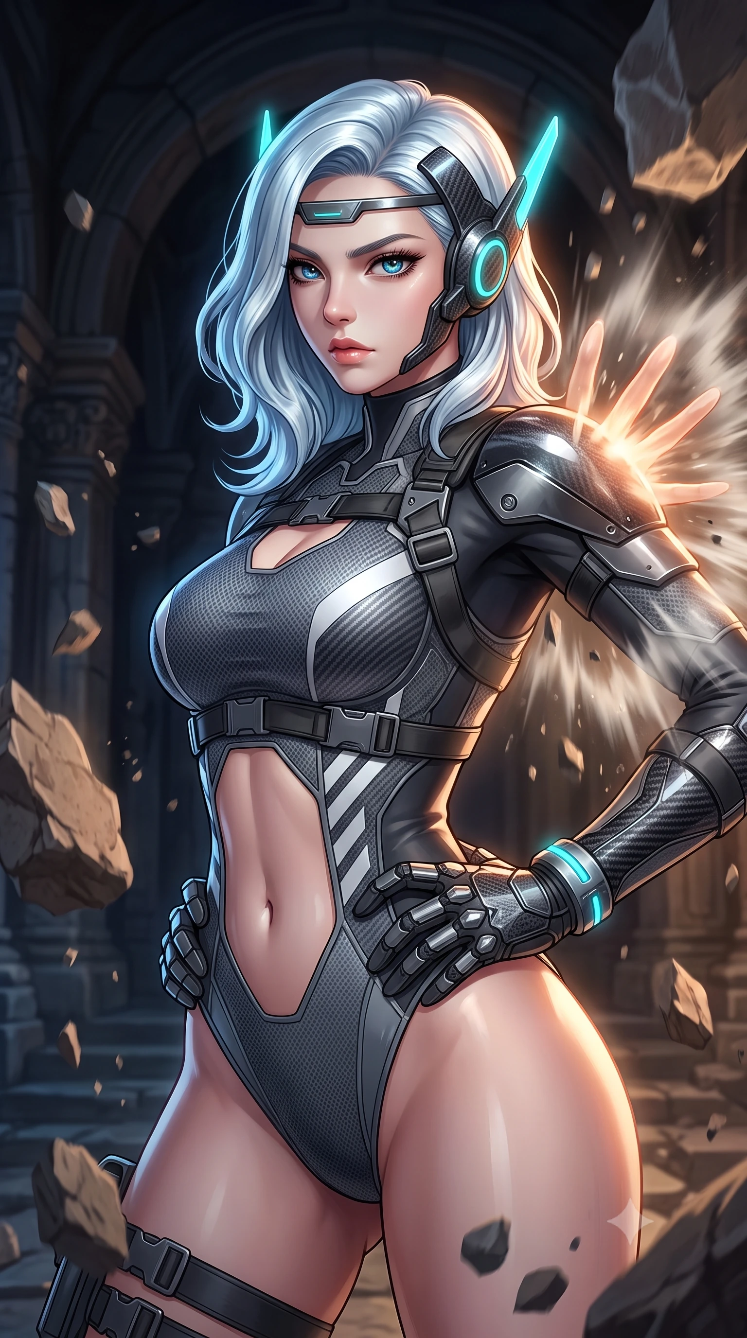 score_9, masterpiece, best quality, ultra-detailed, high-budget anime keyframe, semi-realistic 3D game render, editorial fashion photography, tasteful artistic composition, Korean woman. close-up cowboy shot from the waist and thighs up, the character dominates the composition, filling the frame with her large presence. resting one armored hand on her hip while glancing over her shoulder with thick eyelashes and an indomitable, smoldering combat gaze while delivering a supersonic kinetic palm strike that shatters falling masonry in a radial blast of air and dust. The surrounding environment is rendered in vivid detail and crisp panoramic clarity. transcendent chiaroscuro contrast between sacred ruin architecture and glowing combat energy in precision. She has an exceptionally elegant, slender, and willowy female figure with an ultra-slim waist, a gracefully sculpted slender torso, toned flat midriff, and a refined slim silhouette. sharp v-shaped jawline, high-bridge nose, intricate jewel-like eyes with depth, thick eyelashes, glossy lips with a natural sheen, fierce and resolute heroine expression, flawlessly proportioned anatomical accuracy, strict slender model proportions, natural body alignment, perfectly sculpted long slender limbs, ultra-slim waistline, clean dynamic posture without body distortion. wearing a lightweight carbon-fiber tactical sensory headpiece with glowing cyan ear-antennae and an ultra-thin forehead HUD brow-band, paired with a heavy modular carbon-fiber combat cuirass paired with a second-skin tactical leotard and reinforced titanium shoulder pauldrons in storm-grey carbon mesh with high-contrast white hazard stripes, formed from high-gloss patent carbon-plating with specular dystopian chiaroscuro reflections, reinforced by a heavy-duty titanium tactical harness and glowing micro-energy status straps, the precision-cut daring openings accentuating her delicate midriff, graceful bare collarbones, and ultra-slim feminine waistline. illuminated by crisp directional key light defining her razor-sharp jawline, eyes, and ultra-slim waist. rich saturated anime colors with glowing neon highlights, detailed shading with soft gradients, rich glossy textures, high-contrast stereoscopic depth, volumetric dynamic lighting, master piece, 9:16 ratio
