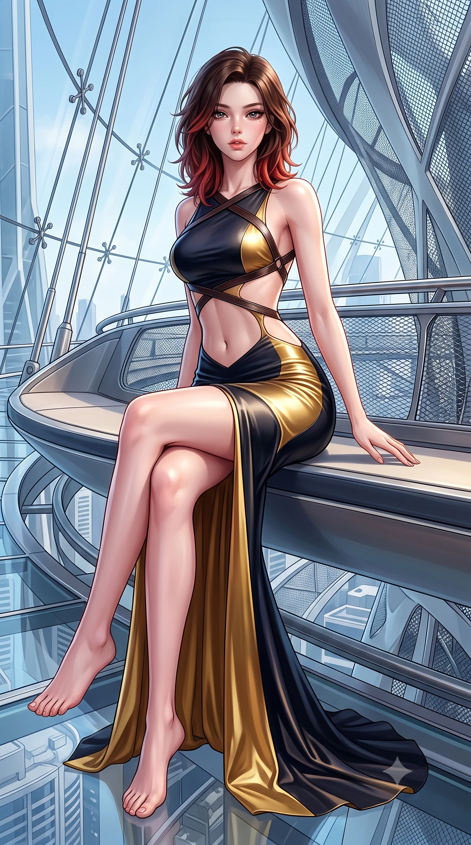 score_9, masterpiece, best quality, ultra-detailed, high-budget anime keyframe, semi-realistic 3D game render, editorial fashion photography, tasteful artistic composition, Korean woman. low angle full-body shot from head to toe showing her feet, filling the entire 9:16 vertical frame with her statuesque presence, stretching her vertical silhouette. sitting perched on the elevated edge with hips angled toward the camera and legs crossed, displaying her toned midriff and flawlessly sculpted slender limbs while perching on the curved architectural skyway bench, long slender legs crossed and torso angled back to display her flat midriff and slender hourglass curves. The surrounding environment is rendered in vivid detail and crisp panoramic clarity. sharp skyway glass panel joints, stainless steel suspension cables, and futuristic architectural mesh in deep focus. She has an exceptionally tall and slender model-like 8.5-heads proportion, an ultra-slim waist, a flat toned midriff, narrow delicate ribcage, and beautifully sculpted feminine hips creating a graceful, slim hourglass silhouette without any bulky heaviness, with impossibly long slender legs. sharp v-shaped jawline, high-bridge nose, intricate jewel-like eyes with depth, thick eyelashes, glossy parted lips with a natural sheen, intensely captivating and seductive bedroom-eyes expression, flawlessly proportioned anatomical accuracy, strict slender model proportions, natural body alignment, perfectly sculpted long slender limbs, ultra-slim waistline, clean dynamic posture without body distortion. wearing a sculptured liquid-satin mermaid gown with an architectural open-waist cutout and bare spine in midnight obsidian black and liquid gold, tailored from ultra-smooth duchess satin with a pearlescent sheen, featuring an open-back criss-cross harness strap in dark leather, the glove-like aerodynamic silhouette tightly following the natural contour of her hips and long slender legs with statuesque 8.5-heads elegance. surrounded by a visionary, electrifying, and breathlessly magnificent eco-metropolis queen aura. highly saturated vibrant anime colors, detailed shading with soft gradients, rich glossy textures, high-contrast stereoscopic depth, volumetric dynamic lighting, master piece, 9:16 ratio