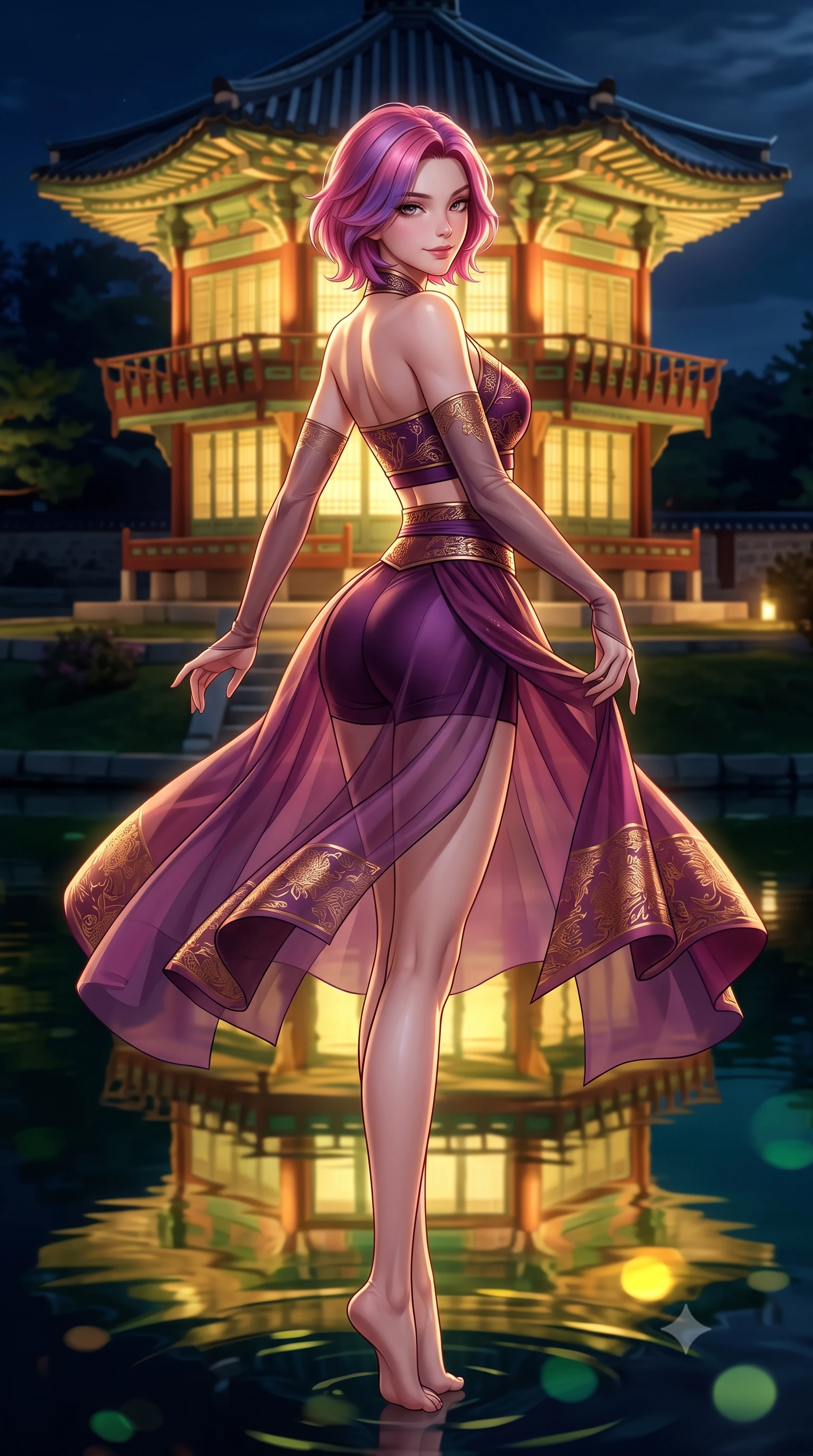 score_9, masterpiece, best quality, ultra-detailed, high-budget anime keyframe, semi-realistic 3D game render, editorial fashion photography, tasteful artistic composition, Caucasian woman. low angle full-body shot from head to toe showing her feet, filling the entire 9:16 vertical frame with her statuesque presence, stretching her vertical silhouette. executing a graceful dancer pivot turn as her layered silk chima skirt flutters around her slender legs, glancing over her shoulder with an intoxicating bedroom-gaze while twisting her slender torso in an alluring S-curve, royal palace waters reflecting the illuminated two-story pavilion and her curvaceous silhouette. The background shows a soft-focus the two-story hexagonal Hyangwonjeong pavilion illuminated in warm gold across still pond waters blurred into gold, jade, and dark obsidian bokeh. She has an absolutely perfect, statuesque 8.5-heads proportion, an exceptionally tall and slender model-like female figure with impossibly long slender legs, an ultra-slim waist, a flat toned midriff, narrow delicate ribcage, and beautifully sculpted feminine hips creating a graceful, slim hourglass silhouette without any bulky heaviness. sharp v-shaped jawline, high-bridge nose, intricate jewel-like dark sparkling almond eyes with depth, thick lashes, glossy parted lips with a natural rose-plum sheen, bright alluring and coquettish smile with bedroom-eyes, exuding both timeless oriental elegance and sovereign high-fashion allure, flawlessly proportioned anatomical accuracy, strict slender model proportions, natural body alignment, perfectly sculpted long slender limbs, ultra-slim waistline, clean dynamic posture without body distortion. wearing a modern tailored martial-arts-inspired wrap crop top paired with skin-tight high-cut combat shorts and silk sashes in rich plum violet and gilded bronze embroidery, made of sheer technical micro-mesh with contouring shadow effects, complemented by delicate sheer silk fingerless gloves reaching past her elbows, the high-waisted wrap tailoring accentuating her ultra-slim waistline and the enchanting curve of her feminine hips with alluring oriental charm. illuminated by full moon celestial rays and sharp warm-gold rim lights defining her sculpted collarbones, ultra-slim waist, and curvy hips. highly saturated vibrant anime colors, detailed shading with soft gradients, rich glossy textures, high-contrast stereoscopic depth, volumetric dynamic lighting, master piece, 9:16 ratio