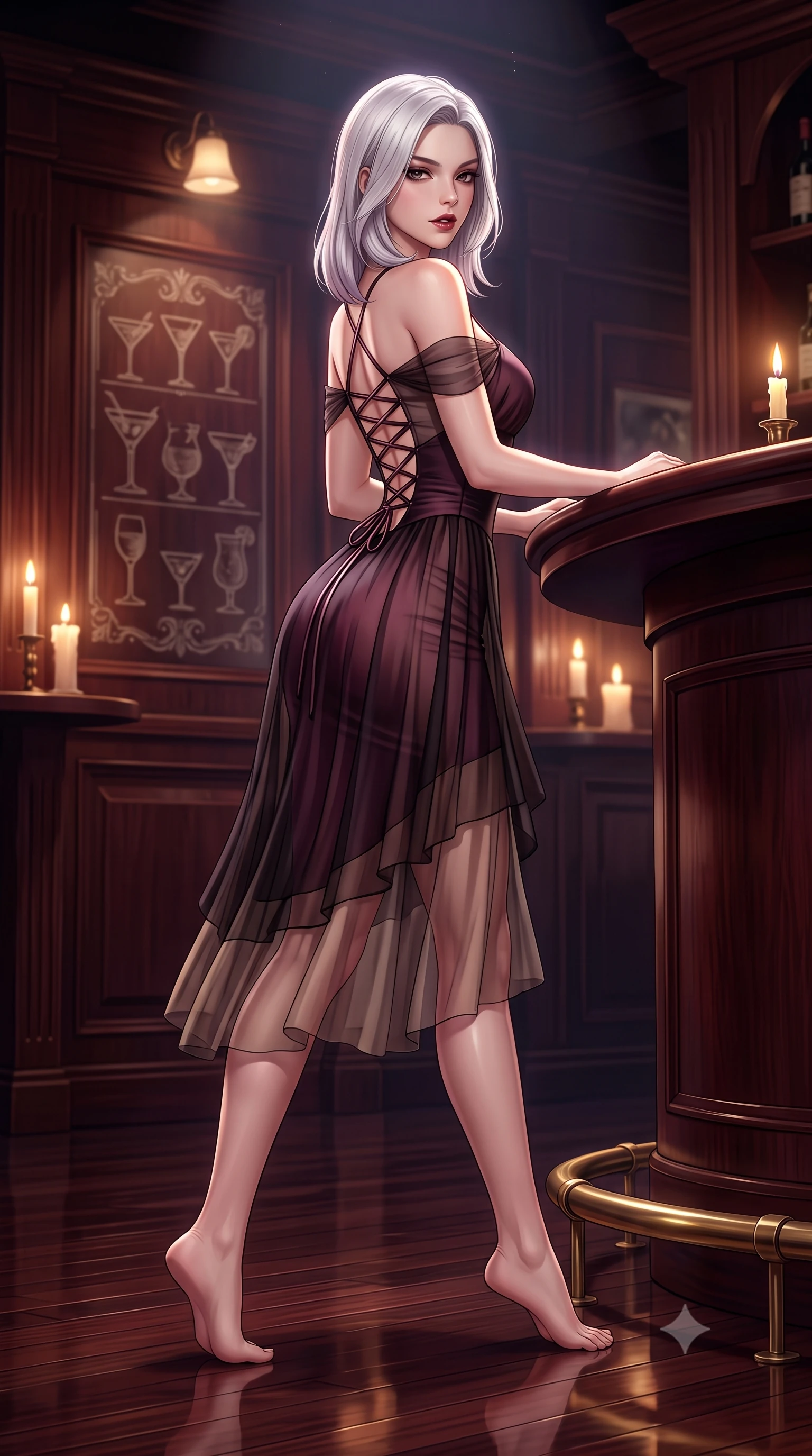 score_9, masterpiece, best quality, ultra-detailed, high-budget anime keyframe, semi-realistic 3D game render, editorial fashion photography, tasteful artistic composition, Caucasian woman. low angle full-body shot from head to toe showing her feet, filling the entire 9:16 vertical frame with her statuesque presence, stretching her vertical silhouette. striding forward gracefully across the reflective floor with sovereign supermodel poise, hips swaying in an alluring kinetic rhythm that accentuates her curvy hourglass silhouette and long slender legs while leaning over the curved dark mahogany bar counter with hips angled back, arching her spine with relaxed seductive grace as she gazes directly into the lens. The surrounding environment is rendered in vivid detail and crisp panoramic clarity. sharp polished mahogany wood grain, etched vintage cocktail glass patterns, and brass footrail gleam in deep focus. She has an exceptionally tall and slender model-like 8.5-heads proportion, an ultra-slim waist, a flat toned midriff, narrow delicate ribcage, and beautifully sculpted feminine hips creating a graceful, slim hourglass silhouette without any bulky heaviness, with impossibly long slender legs. sharp v-shaped jawline, high-bridge nose, intricate jewel-like dark sparkling eyes with dangerous depth, thick curled eyelashes, glossy parted lips with a rich wine sheen, smoldering seductive half-smile with bedroom-eyes, exuding effortless superiority and intoxicating dark allure, flawlessly proportioned anatomical accuracy, strict slender model proportions, natural body alignment, perfectly sculpted long slender limbs, ultra-slim waistline, clean dynamic posture without body distortion. wearing a tiered semi-sheer black tulle and silk slip dress with an ultra-slim corseted waist and bare shoulders in dark mulberry wine and antique champagne, made of liquid-tight stretch jersey emphasizing every curve of her body, featuring a dramatic criss-cross satin back lacing tracing her slender spine, the form-fitting cut adhering flawlessly to her sculpted flat midriff and slender torso, emphasizing her long leg lines and perfectly proportioned willowy build. bathed in soft flickering candlelight and moody theatrical stage downlights. highly saturated vibrant anime colors, detailed shading with soft gradients, rich glossy textures, high-contrast stereoscopic depth, volumetric dynamic lighting, master piece, 9:16 ratio