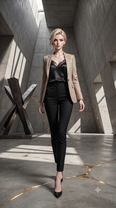 score_9, masterpiece, best quality, ultra-detailed, high-budget anime keyframe, editorial fashion photography, tasteful artistic composition, Caucasian woman, strictly human ears. low angle full-body shot from head to toe showing her feet, filling th