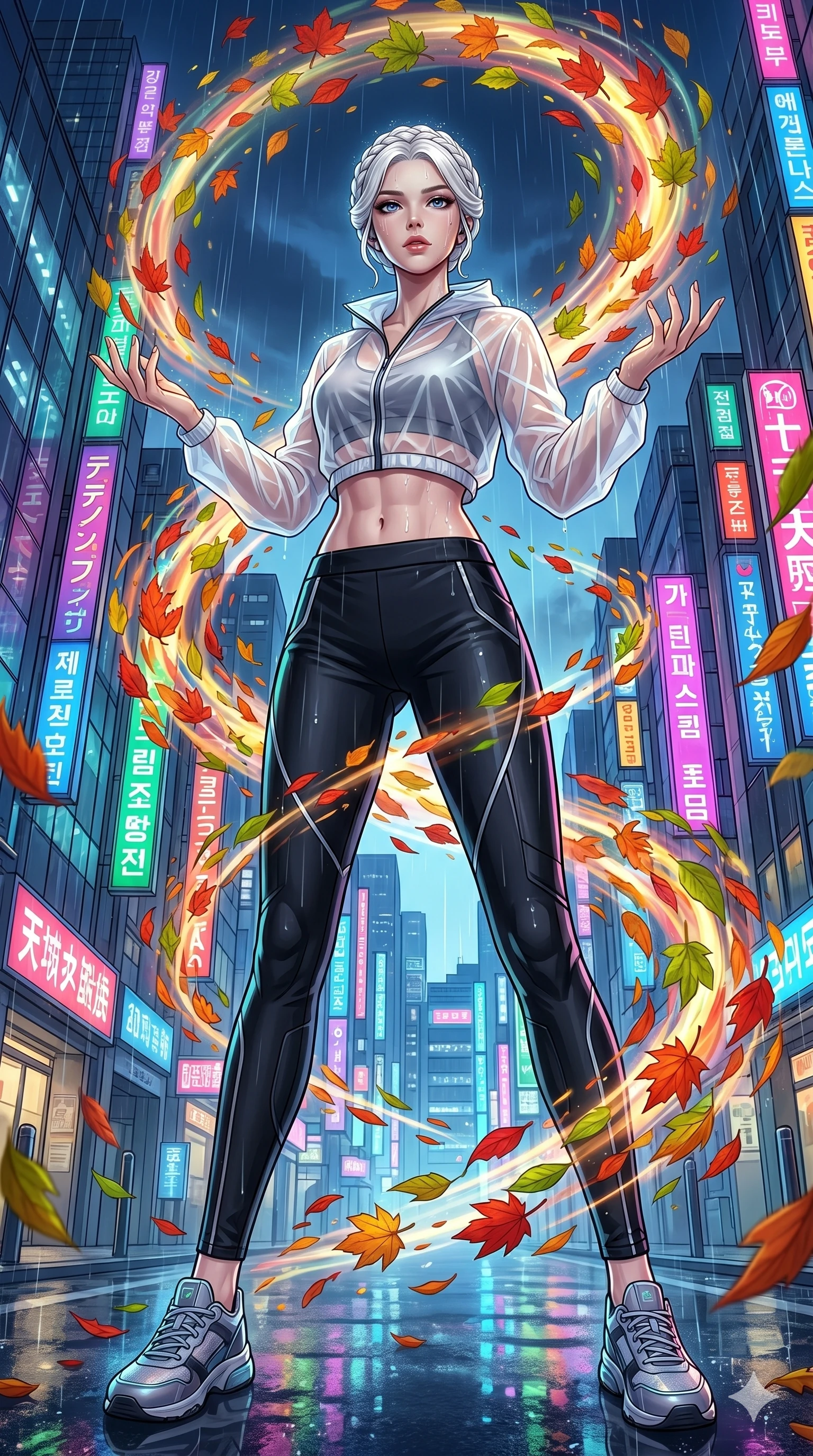score_9, masterpiece, best quality, ultra-detailed, Set C: High-budget Anime Keyframe, Korean woman. Low angle cowboy shot filling the entire 9:16 frame with her statuesque presence. Summoning a vortex of colorful leaves in a futuristic Tokyo street. She has an absolutely perfect 8-heads proportion, an exceptionally tall and slender female figure with impossibly long slender legs and an ultra-slim waist. Sharp v-shaped jawline, high-bridge nose, intricate jewel-like eyes with depth, thick eyelashes, glossy lips. Wearing a Premium Athleisure outfit: sleek activewear with a sheer windbreaker and exposed midriff. Background is a bright and colorful city street with vibrant neon, rain reflections, and swirling fall foliage. 2k, ultra detail, master piece, 9:16 ratio
