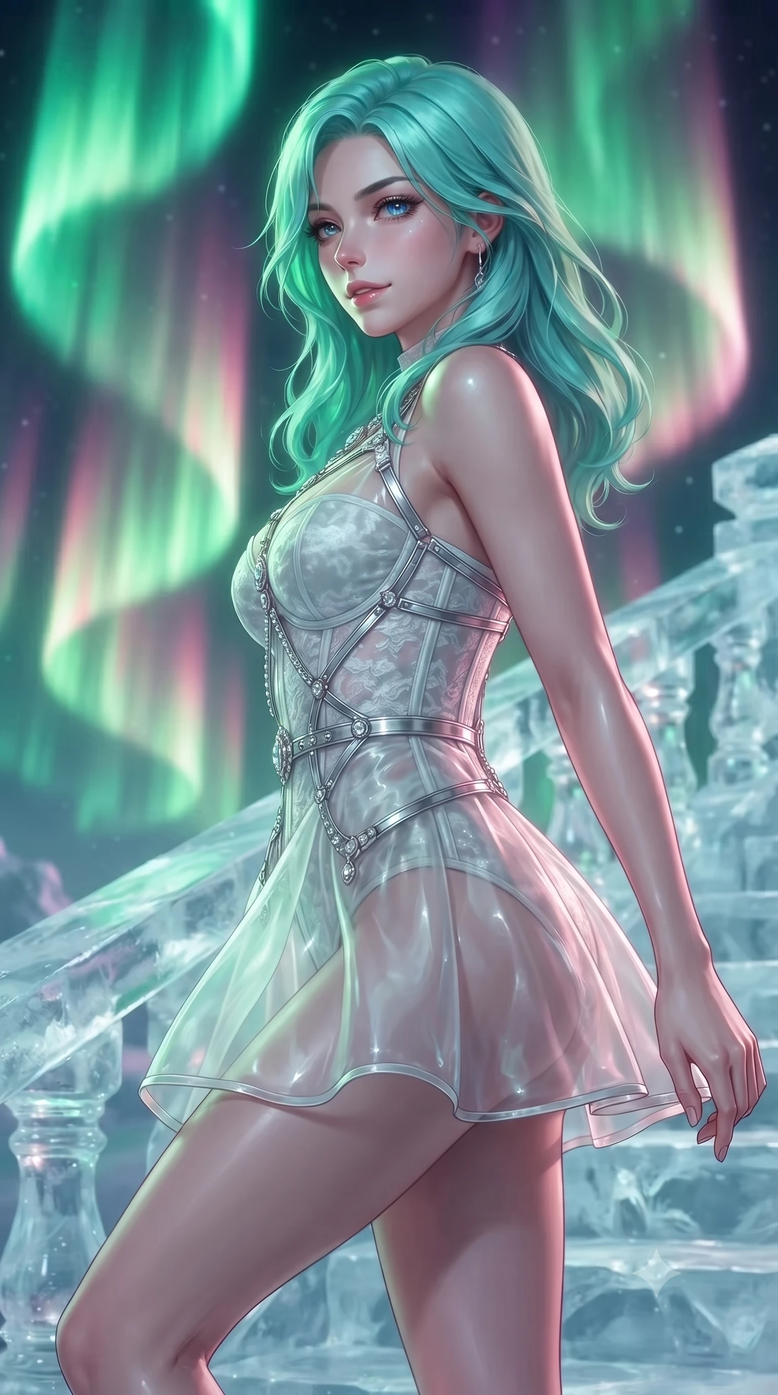 score_9, masterpiece, best quality, ultra-detailed, high-budget anime keyframe, editorial fashion photography, tasteful artistic composition, Japanese woman. close-up cowboy shot from the waist and thighs up, the character dominates the composition, filling the frame with her large presence, background elements kept in soft focus. Glancing sidelong over her shoulder with a smoldering half-smile, ascending a translucent ice staircase beneath a swirling curtain of green and pink aurora rays, shifting aurora colors wrapping around her statuesque vertical silhouette. She has an exceptionally elegant, slender, and willowy female figure with an ultra-slim waist, a gracefully sculpted slender torso, and a refined silhouette. sharp v-shaped jawline, high-bridge nose, intricate jewel-like eyes with depth, thick eyelashes, glossy lips with a natural sheen. wearing translucent opal organza mini dress over structured white lace corset in pale opal seafoam, made of crushed white silk velvet, highlighted by a platinum metallic harness structure, accentuating her gracefully sculpted slender torso. illuminated by shifting aurora borealis palette (emerald green, violet, rose gold) from above. ultra-reflective glossy finish, specular highlights, metallic sheen, high-contrast stereoscopic depth, volumetric dynamic lighting, 2k, ultra detail, master piece, 9:16 ratio