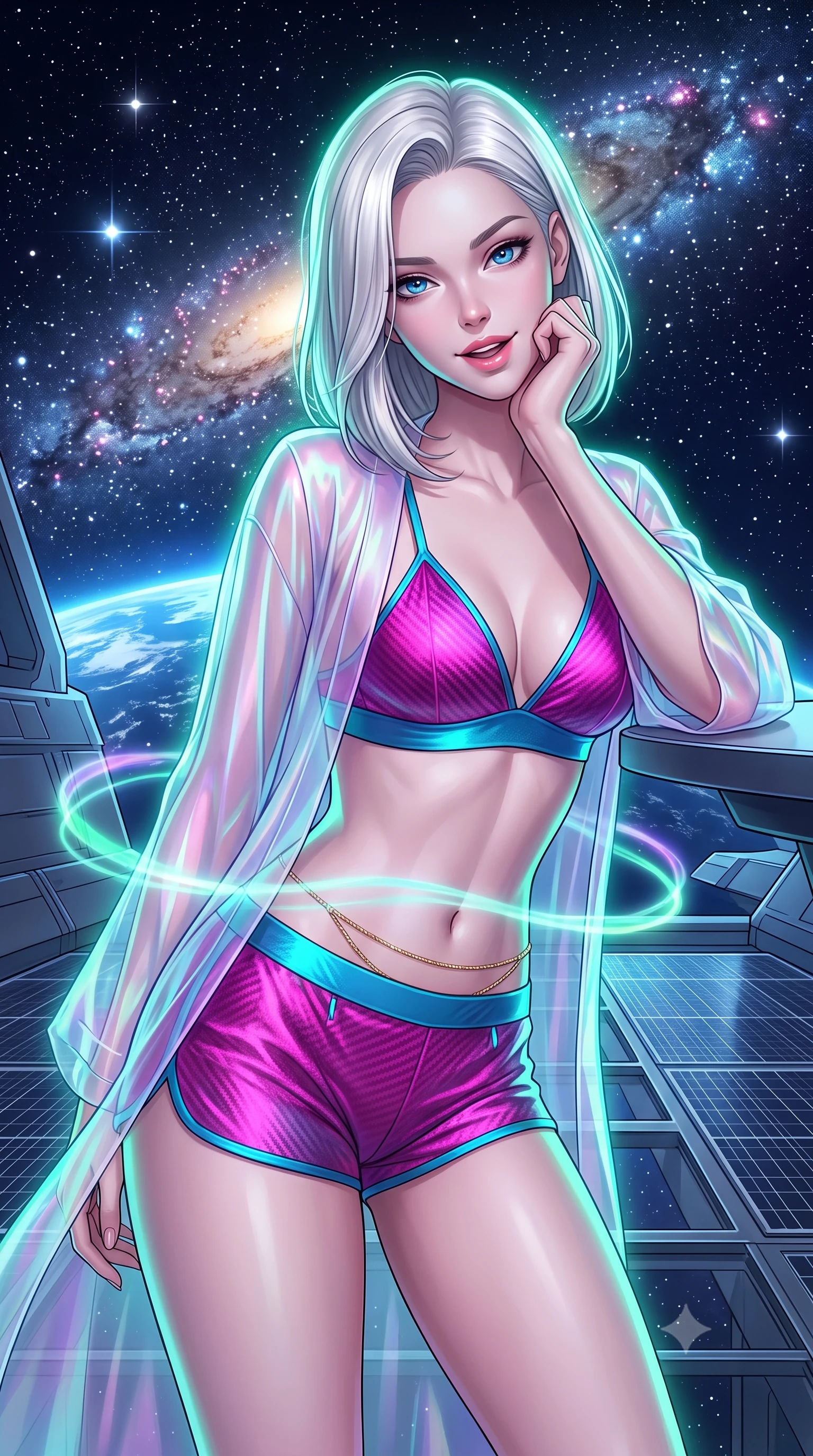 score_9, masterpiece, best quality, ultra-detailed, high-budget anime keyframe, semi-realistic 3D game render, editorial fashion photography, tasteful artistic composition, Caucasian woman. close-up cowboy shot from the waist and thighs up, the character dominates the composition, filling the frame with her large presence. resting one elbow on the table and supporting her chin, leaning close to the camera with heavy-lidded sparkling eyes and parted lips while twisting her slender torso in an alluring contrapposto stance, aurora light ribbons wrapping around her narrow waist and curvy hips. The surrounding environment is rendered in vivid detail and crisp panoramic clarity: sharp transparent titanium deck grid, solar panel photovoltaic cell textures, and brilliant cosmic stars in deep focus. She has an exceptionally elegant, slender, and willowy female figure with an ultra-slim waist, flat toned midriff, narrow ribcage, and sculpted feminine hips creating an alluring, slim hourglass silhouette without bulk. sharp v-shaped jawline, high-bridge nose, intricate jewel-like sparkling eyes with depth, thick eyelashes, glossy parted lips with a natural peach sheen, bright cheerful beaming smile with an enchanting and coquettish sensual glint, exuding both youthful cute charm and seductive allure, flawlessly proportioned anatomical accuracy, strict slender model proportions, natural body alignment, perfectly sculpted long slender limbs, ultra-slim waistline, clean dynamic posture without body distortion. wearing a translucent iridescent organza kimono robe slipping off bare shoulders over a matching satin micro-bralette and shorts in Neo-Tokyo neon magenta and electric cyan, woven from structured carbon-fiber jacquard with rich textural depth, accented with a dainty gold belly chain resting across her flat midriff and curving hips, the impeccably tailored cut draping gracefully along her slender figure with aristocratic poise. illuminated by Earth albedo reflection bounce and sharp aurora-emerald rim lights sculpting her jawline, narrow waist, and curvy hips. highly saturated vibrant anime colors, detailed shading with soft gradients, rich glossy textures, high-contrast stereoscopic depth, volumetric dynamic lighting, master piece, 9:16 ratio