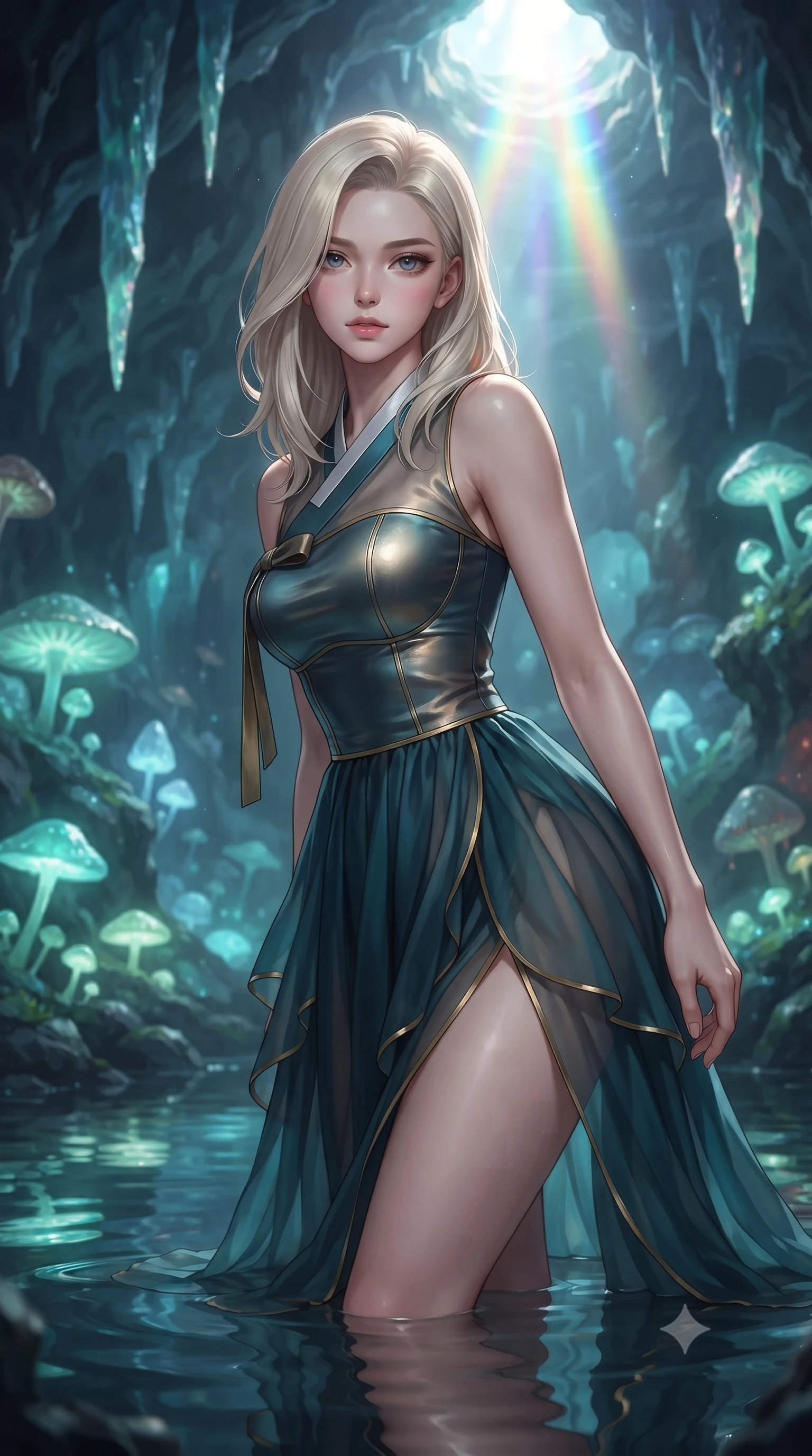 score_9, masterpiece, best quality, ultra-detailed, high-budget anime keyframe, editorial fashion photography, tasteful artistic composition, Caucasian woman. close-up cowboy shot from the waist and thighs up, the character dominates the composition, filling the frame with her large presence, background elements kept in soft focus. Leaning slightly forward with a composed, seductive gaze under soft glowing light navigating a cavern filled with bioluminescent fungi and crystalline stalactites, still mirror-like water below reflecting her statuesque figure flawlessly. She has an exceptionally elegant, slender, and willowy female figure with an ultra-slim waist, a gracefully sculpted slender torso, and a refined silhouette. sharp v-shaped jawline, high-bridge nose, intricate jewel-like eyes with depth, thick eyelashes, glossy lips with a natural sheen. wearing a modern fusion silk hanbok dress with a structured bodice and flowing chiffon skirt, the form-contouring material highlighting her ultra-slim waist and long lines. bathed in brilliant prismatic light filtering from a natural cavern skylight. ultra-reflective glossy finish, specular highlights, metallic sheen, high-contrast stereoscopic depth, volumetric dynamic lighting, 2k, ultra detail, master piece, 9:16 ratio