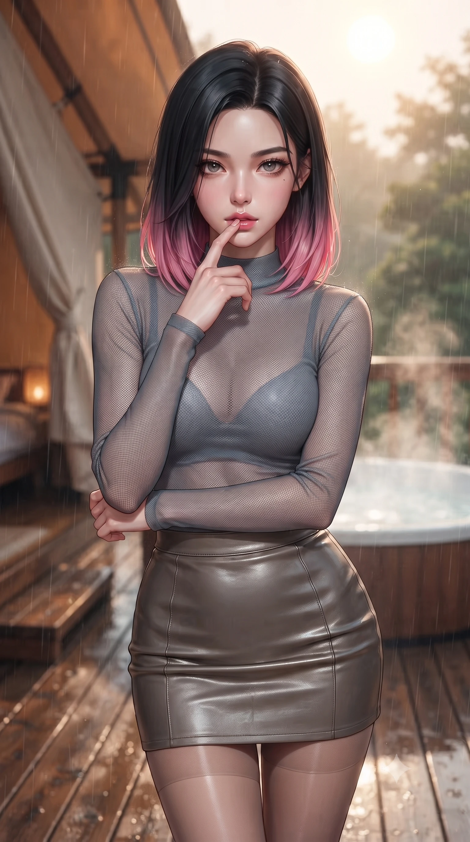 score_9, masterpiece, best quality, ultra-detailed, high-budget anime keyframe, editorial fashion photography, tasteful artistic composition, Korean woman. close-up cowboy shot from the waist and thighs up, the character dominates the composition, filling the frame with her large presence, background elements kept in soft focus. pressing one finger to her bottom lip in a thoughtful, seductive gesture under the warm sun the background shows a soft-focus a glamping tent balcony during a light rain, with steam rising from a hot tub. She has an exceptionally elegant, slender, and willowy female figure with an ultra-slim waist, a gracefully sculpted slender torso, and a refined silhouette. sharp v-shaped jawline, high-bridge nose, intricate jewel-like eyes with depth, thick eyelashes, glossy lips with a natural sheen. wearing a tailored semi-transparent mesh top in slate grey, paired with a leather mini skirt and sheer stockings. shifting light reflections from the wet wood deck and steam onto her form. ultra-reflective glossy finish, specular highlights, metallic sheen, high-contrast stereoscopic depth, volumetric dynamic lighting, 2k, ultra detail, master piece, 9:16 ratio