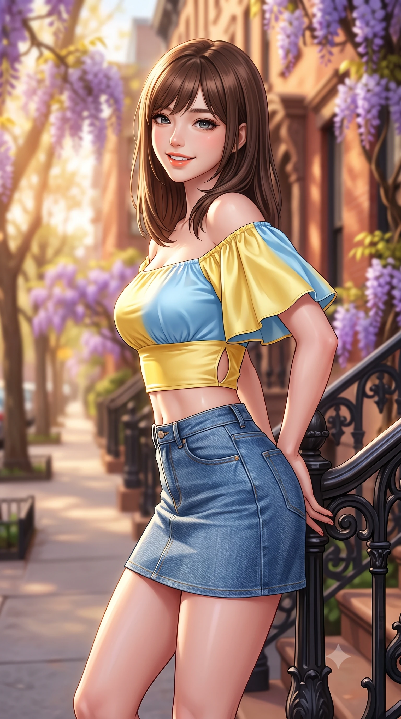 score_9, masterpiece, best quality, ultra-detailed, high-budget anime keyframe, semi-realistic 3D game render, editorial fashion photography, tasteful artistic composition, Korean woman. close-up cowboy shot from the waist and thighs up, the character dominates the composition, filling the frame with her large presence. resting both hands lightly behind her back while leaning toward the lens with a cheerful, teasing grin, her form-fitting outfit hugging her narrow waist and feminine hip curve while leaning against the ornate black cast-iron handrail with hips cocked back, looking over her shoulder with effortless downtown supermodel charisma. The composition keeps background elements in soft focus with dreamy creamy bokeh. blooming purple wisteria vines and tree-lined historic West Village brownstones blurred into soft lavender, warm terracotta, and gold bokeh. She has an exceptionally elegant, slender, and willowy female figure with an ultra-slim waist, flat toned midriff, narrow ribcage, and sculpted feminine hips creating an alluring, slim hourglass silhouette without bulk. sharp v-shaped jawline, high-bridge nose, intricate jewel-like sparkling eyes with depth, thick eyelashes, glossy parted lips with a natural peach sheen, bright cheerful beaming smile with an enchanting and coquettish sensual glint, exuding both youthful cute charm and seductive allure, flawlessly proportioned anatomical accuracy, strict slender model proportions, natural body alignment, perfectly sculpted long slender limbs, ultra-slim waistline, clean dynamic posture without body distortion. wearing an off-shoulder puff-sleeve crop blouse with a tight high-waisted denim A-line mini skirt emphasizing her curvy hips in sunny daffodil yellow and clear sky blue, made of smooth fluid silk satin with a delicate pearlescent sheen, featuring elegant flutter sleeves and a graceful square neckline, the precision-cut side openings and low-back scoop framing her graceful spine and the sensual sweep of her slim, toned hips. bathed in warm, golden afternoon sunlight streaming down the historic tree-lined street. highly saturated vibrant anime colors, detailed shading with soft gradients, rich glossy textures, high-contrast stereoscopic depth, volumetric dynamic lighting, master piece, 9:16 ratio