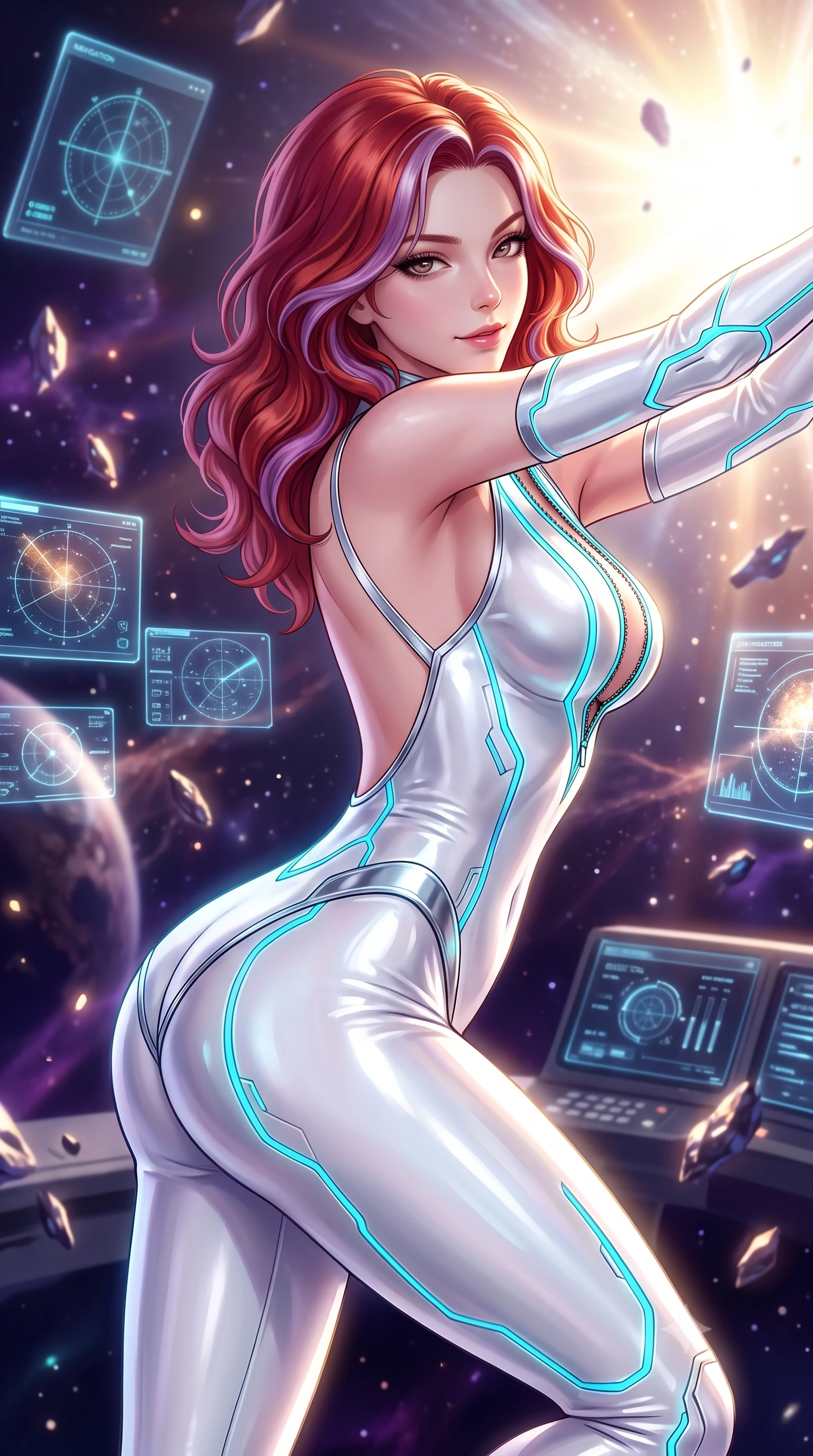 score_9, masterpiece, best quality, ultra-detailed, high-budget anime keyframe, semi-realistic 3D game render, editorial fashion photography, tasteful artistic composition, Caucasian woman. close-up cowboy shot from the waist and thighs up, the character dominates the composition, filling the frame with her large presence. stretching forward with an alluring arch of her spine, glancing over her shoulder with thick eyelashes and a smoldering half-smile while pivoting in zero-gravity amidst floating holographic navigation charts and glowing celestial debris. The composition keeps background elements in soft focus with creamy bokeh. glowing bridge console displays and cosmic dust filaments softened in smooth zero-gravity depth of field. She has an exceptionally elegant, slender, and willowy female figure with an ultra-slim waist, a gracefully sculpted slender torso, and a refined silhouette. sharp v-shaped jawline, high-bridge nose, intricate jewel-like eyes with depth, thick eyelashes, glossy lips with a natural sheen, flawlessly proportioned anatomical accuracy, natural body alignment, perfectly sculpted elegant limbs, clean dynamic posture without body distortion. wearing a liquid chrome micro-bodysuit sculpted tightly to her figure, featuring razor-thin metallic straps and an open back in pure snow white latex and glowing cyan circuit seams, made of liquid metal jersey that clings flawlessly to every contour of her build, featuring a dangerously unzipped neckline framed by glowing cybernetic accents, the glove-like fit tightly following every curve of her statuesque athletic build. bathed in blinding white and gold supernova celestial radiance with deep cosmic purple shadows. highly saturated vibrant anime colors, detailed shading with soft gradients, rich glossy textures, high-contrast stereoscopic depth, volumetric dynamic lighting, master piece, 9:16 ratio