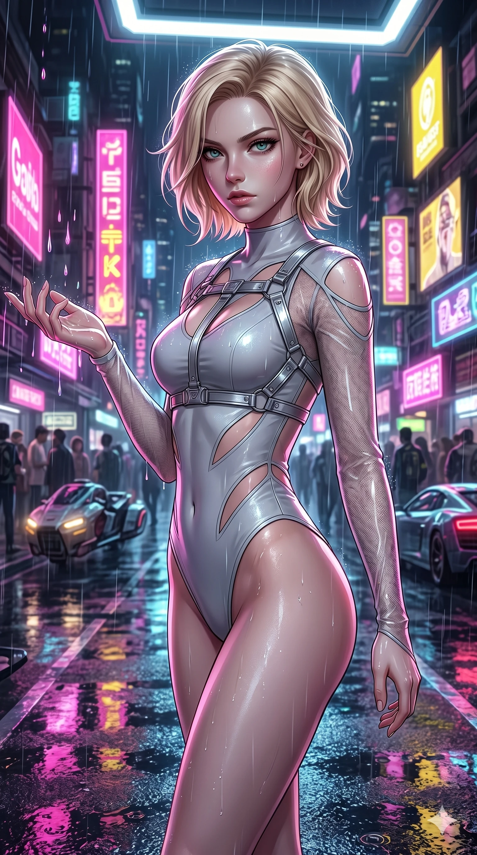 score_9, masterpiece, best quality, ultra-detailed, high-budget anime keyframe, semi-realistic 3D game render, Caucasian woman, strictly human ears. Upper body close-up from the thighs up, character filling the screen for maximum presence. She is turning around sharply in a futuristic night market, with rain reflections on wet asphalt. She reaches out a hand to catch neon-lit rain droplets with an intense, magnetic gaze. She has an absolutely perfect 8-heads proportion, an exceptionally tall and slender female figure with impossibly long slender legs and an ultra-slim waist. V-shaped jawline, high-bridge nose, intricate jewel-like eyes with depth, thick eyelashes, glossy lips with a natural sheen. She is wearing an ultra-sleek high-cut tech-bodysuit featuring dangerous diagonal slitted cutouts on the midriff and shoulders, reinforced by a metallic silver harness and sheer mesh sleeves. The scene is lit by bright pink and yellow neon billboards and a sharp white key light tracing her silhouette. 2k, ultra detail, master piece, 9:16 ratio