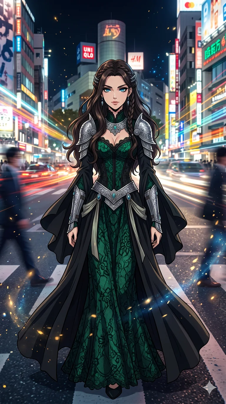 score_9, masterpiece, best quality, ultra-detailed, High-budget Anime Keyframe, beautiful Caucasian anime girl (strictly human ears). Dynamic full-body shot stretching the vertical silhouette with her statuesque presence. Standing in the middle of a busy intersection as time freezes and city lights turn into colorful streaks. She has an absolutely perfect 8-heads proportion, an exceptionally tall and slender female figure with impossibly long slender legs and an ultra-slim waist. Sharp v-shaped jawline, high-bridge nose, intricate jewel-like eyes with depth, thick eyelashes, glossy lips with a natural sheen. Wearing a Dark Fantasy outfit: emerald gothic lace corset gown, bell-sleeved sorceress robes, engraved silver plate armor over silk. Background is a bright and colorful environment with cinematic lighting, dynamic particle effects, and high-contrast shadows. 2k, ultra detail, master piece, 9:16 ratio