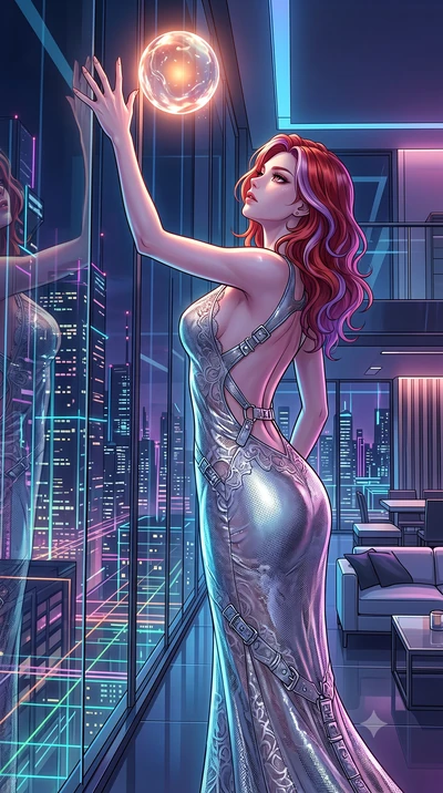 score_9, masterpiece, best quality, ultra-detailed, High-budget Anime Keyframe, Caucasian woman, strictly human ears. Dynamic full-body shot stretching the vertical silhouette to the limit. Scenario 471: reaching out to catch a floating sphere of liq