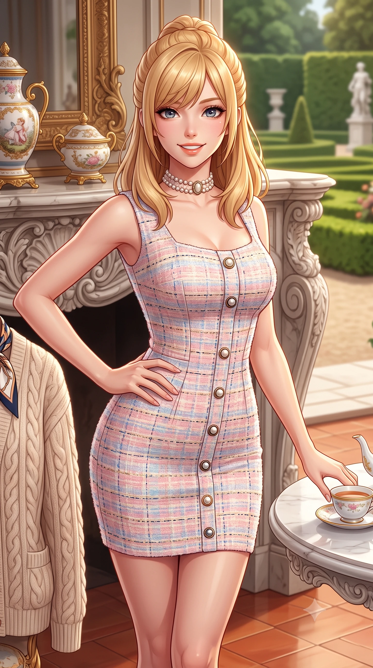 score_9, masterpiece, best quality, ultra-detailed, high-budget anime keyframe, semi-realistic 3D game render, editorial fashion photography, tasteful artistic composition, Caucasian woman. close-up cowboy shot from the waist and thighs up, the character dominates the composition, filling the frame with her large presence. leaning gracefully against the carved mantelpiece with one hand on her hip, showcasing her slender waist and feminine posture while sitting poised at a white marble conservatory tea table with hands resting gently on a porcelain cup, exuding high-society grace. The surrounding environment is rendered in vivid detail and crisp panoramic clarity: detailed cable-knit cashmere sweater ribbing, silk twilly neck scarf knot, and baroque palace garden craft in razor-sharp precision. She has an exceptionally elegant, slender, and willowy female figure with an ultra-slim waist, flat toned midriff, narrow ribcage, and sculpted feminine hips creating an alluring, slim hourglass silhouette without bulk. sharp v-shaped jawline, high-bridge nose, intricate jewel-like sparkling eyes with depth, thick eyelashes, glossy parted lips with a natural peach sheen, bright cheerful beaming smile with an enchanting and coquettish sensual glint, exuding both youthful cute charm and seductive allure, flawlessly proportioned anatomical accuracy, strict slender model proportions, natural body alignment, perfectly sculpted long slender limbs, ultra-slim waistline, clean dynamic posture without body distortion. wearing a form-contouring pastel bouclé tweed bodycon mini dress with structured waist darts and decorative pearl buttons in Ginza vintage brass gold and midnight navy, tailored from premium double-knit ponte with sleek sculpting hold and smooth contours, complemented by an antique baroque pearl choker accentuating her delicate neck and collarbones, the second-skin tailored fabric adhering flawlessly to her sculpted flat midriff and slender torso, emphasizing her long leg lines and perfectly proportioned willowy build. illuminated by terracotta floor reflection fill and warm golden rim lights defining her delicate collar and willowy silhouette. highly saturated vibrant anime colors, detailed shading with soft gradients, rich glossy textures, high-contrast stereoscopic depth, volumetric dynamic lighting, master piece, 9:16 ratio
