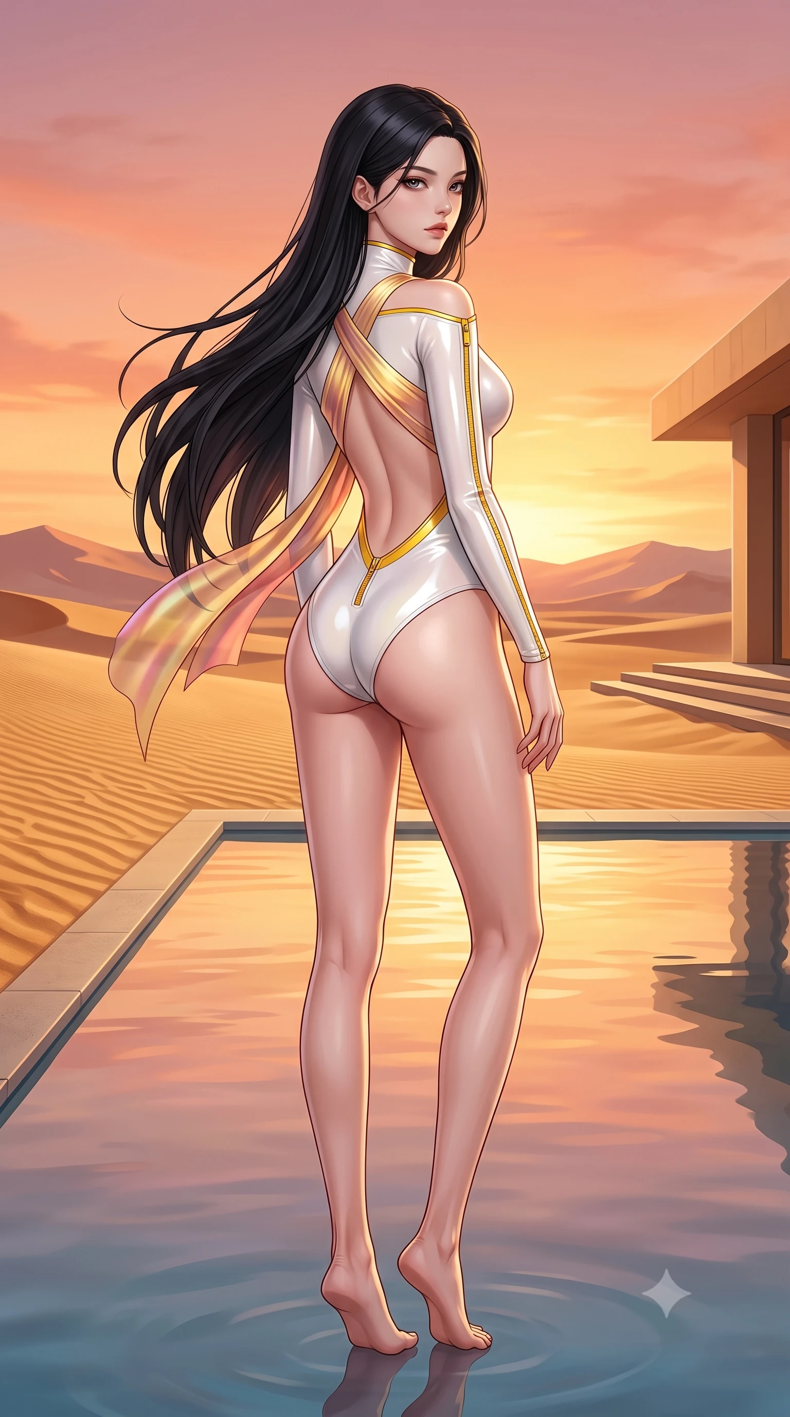 score_9, masterpiece, best quality, ultra-detailed, high-budget anime keyframe, semi-realistic 3D game render, editorial fashion photography, tasteful artistic composition, Korean woman. low angle full-body shot from head to toe showing her feet, filling the entire 9:16 vertical frame with her statuesque presence, stretching her vertical silhouette. pivoting dynamically in mid-motion with a breathtakingly alluring posture, displaying her flawless model proportions and ultra-slim waist while standing with commanding elegance at the edge of an oasis reflecting pool under a glorious glowing orange sky. The surrounding environment is rendered in vivid detail and crisp panoramic clarity. crisp golden sand ripple patterns, glowing sunset sky gradients, and clean architectural lines in high clarity. She has an absolutely perfect, statuesque 8.5-heads proportion, an exceptionally tall and slender model-like female figure with impossibly long slender legs, a toned flat midriff, and an ultra-slim waist. sharp v-shaped jawline, high-bridge nose, intricate jewel-like eyes with depth, thick eyelashes, glossy lips with a natural sheen, flawlessly proportioned anatomical accuracy, strict slender model proportions, natural body alignment, perfectly sculpted long slender limbs, ultra-slim waistline, clean dynamic posture without body distortion. wearing a glossy white second-skin latex bodysuit with high-thigh cuts, exposed clavicle neckline, and gleaming zipper details in vibrant sunburst canary yellow and gold trim, made of smooth iridescent silk chiffon that shifts colors with movement, complemented by criss-cross back straps highlighting her completely bare spine, the form-contouring material adhering flawlessly to her sculpted flat midriff and slender torso, emphasizing her long leg lines and perfectly proportioned willowy build. surrounded by an exotic, romantic, and intensely magnetic golden desert luxury aura. highly saturated vibrant anime colors, detailed shading with soft gradients, rich glossy textures, high-contrast stereoscopic depth, volumetric dynamic lighting, master piece, 9:16 ratio