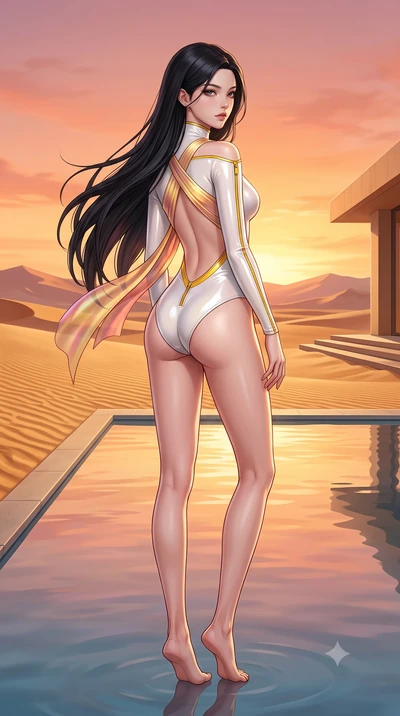 score_9, masterpiece, best quality, ultra-detailed, high-budget anime keyframe, semi-realistic 3D game render, editorial fashion photography, tasteful artistic composition, Korean woman. low angle full-body shot from head to toe showing her feet, fil