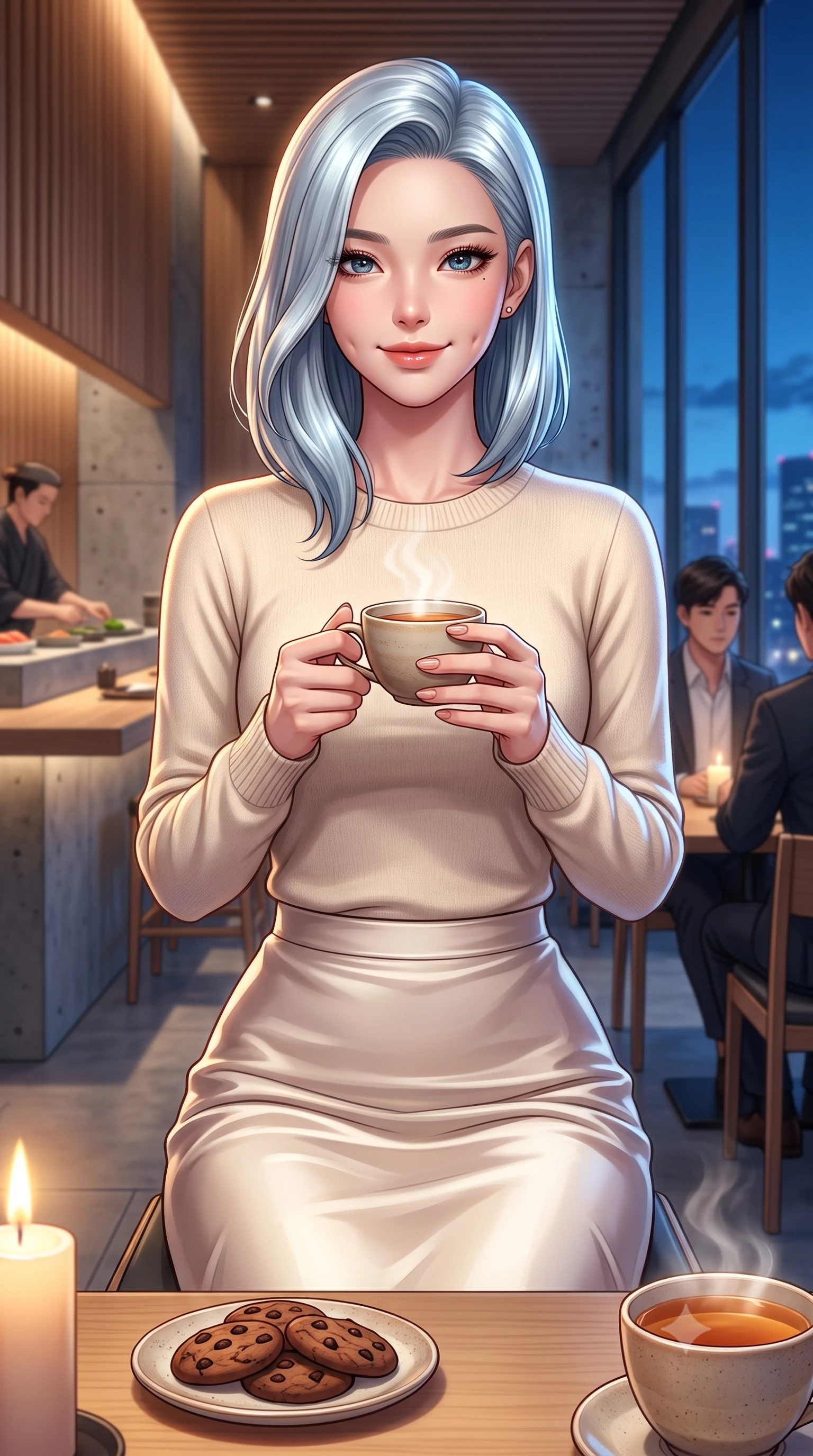 score_9, masterpiece, best quality, ultra-detailed, high-budget anime keyframe, editorial fashion photography, tasteful artistic composition, Korean woman. close-up cowboy shot from the waist and thighs up, the character dominates the composition, filling the frame with her large presence, background elements kept in soft focus. smiling with soft, cute dimples, holding a warm cup of tea with both hands set against a soft-focus background of inside an upscale modern sushi bar with sleek wood panels and concrete accents with a cute ceramic plate of chocolate cookies and a cup of tea on the table. She has an exceptionally elegant, slender, and willowy female figure with an ultra-slim waist, a gracefully sculpted slender torso, and a refined silhouette. sharp v-shaped jawline, high-bridge nose, intricate jewel-like eyes with depth, thick eyelashes, glossy lips with a natural sheen. wearing tailored cozy cashmere sweater in cream, paired with a satin midi skirt. soft candle light clashing with the cool blue city twilight sky outside. highly saturated vibrant anime colors, detailed shading with soft gradients, rich glossy textures, high-contrast stereoscopic depth, volumetric dynamic lighting, master piece, 9:16 ratio