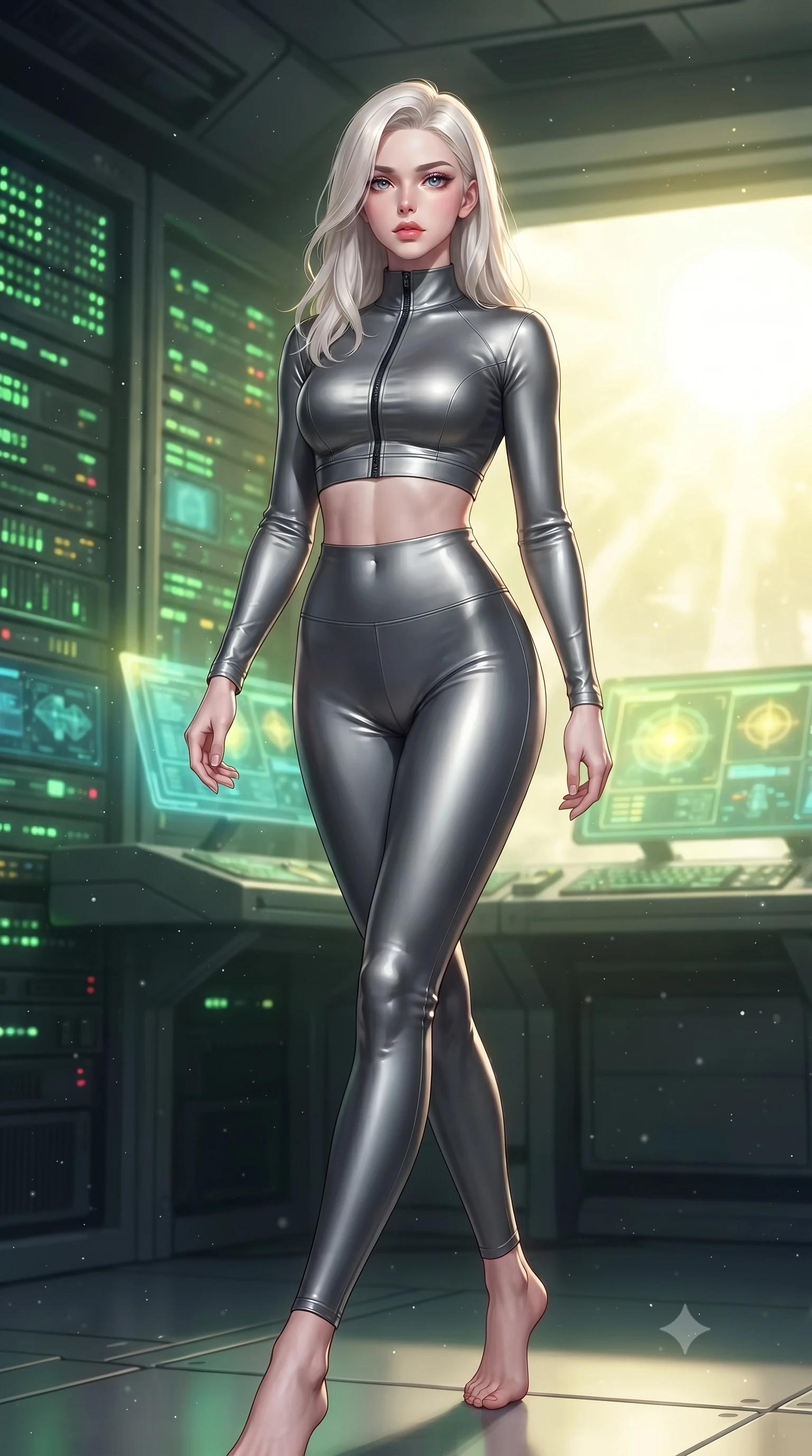 score_9, masterpiece, best quality, ultra-detailed, high-budget anime keyframe, editorial fashion photography, tasteful artistic composition, Caucasian woman. low angle full-body shot from head to toe showing her feet, filling the entire 9:16 vertical frame with her statuesque presence, stretching her vertical silhouette. stepping gracefully through floating stardust particles, her body-contouring suit showing her athletic, slender silhouette, the background shows a soft-focus a solar collector control room with blinking green telemetry racks. She has an absolutely perfect, statuesque 8.5-heads proportion, an exceptionally tall and slender model-like female figure with impossibly long slender legs and an ultra-slim waist. sharp v-shaped jawline, high-bridge nose, intricate jewel-like eyes with depth, thick eyelashes, glossy lips with a natural sheen. wearing a tailored body-hugging high-neck activewear set of a zipped long-sleeve crop top and matching leggings in carbon-grey. soft green and yellow terminal glare contrasting with the blinding solar window view. ultra-reflective glossy finish, specular highlights, metallic sheen, high-contrast stereoscopic depth, volumetric dynamic lighting, 2k, ultra detail, master piece, 9:16 ratio