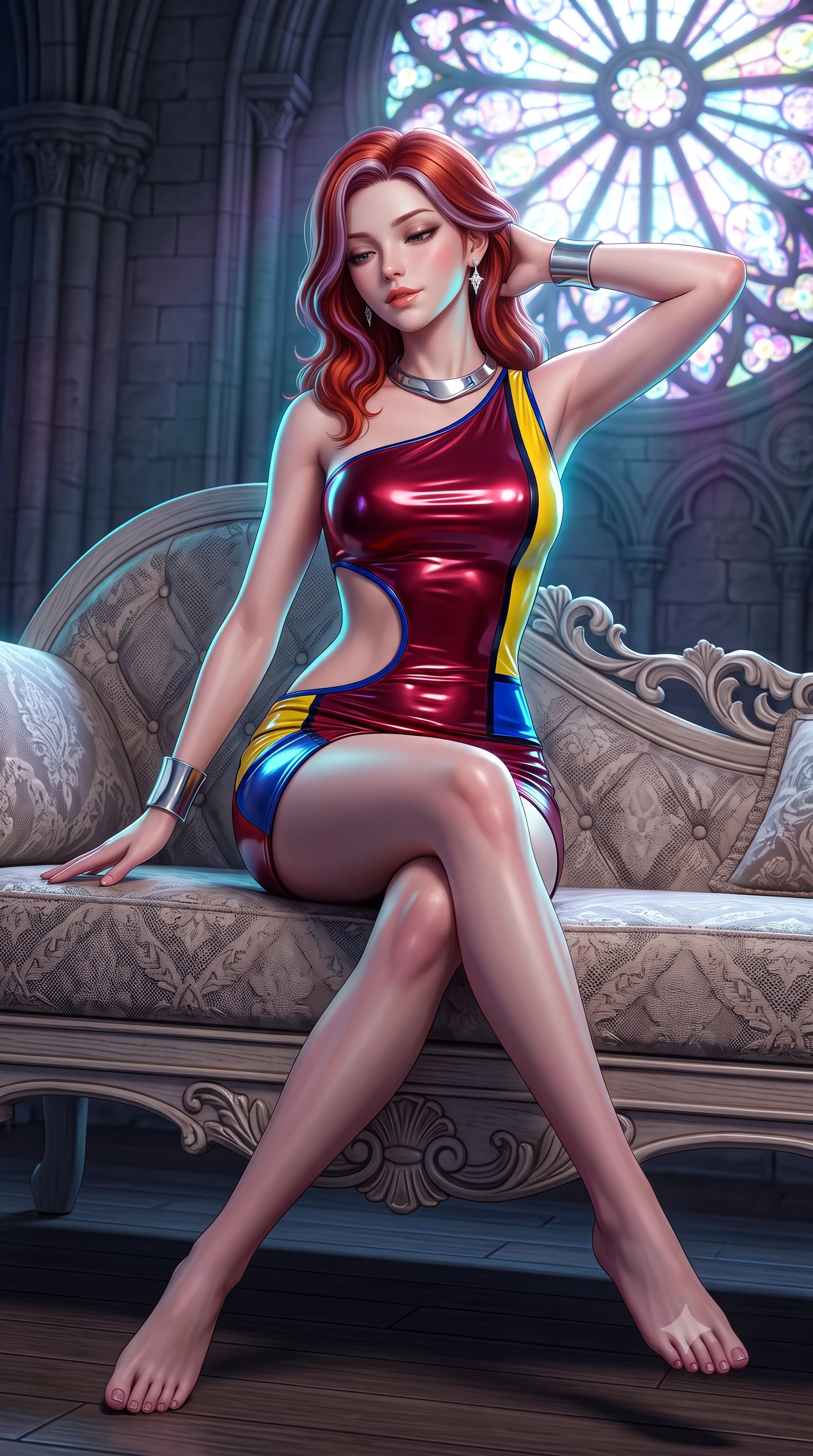 score_9, masterpiece, best quality, ultra-detailed, high-budget anime keyframe, semi-realistic 3D game render, editorial fashion photography, tasteful artistic composition, Caucasian woman. low angle full-body shot from head to toe showing her feet, filling the entire 9:16 vertical frame with her statuesque presence, stretching her vertical silhouette. lounging on the lavish daybed with legs crossed and hips angled toward the camera, displaying her toned midriff and long slender limbs with effortless siren poise while twisting her slender torso in an alluring contrapposto stance, multicolored moonlight from the giant rose window tracing her hourglass curves. The surrounding environment is rendered in vivid detail and crisp panoramic clarity: detailed sheer mesh lace leotard weave, sparkling diamond earrings, and monumental gothic masonry in razor-sharp precision. She has an absolutely perfect, statuesque 8.5-heads proportion, an exceptionally tall and slender model-like female figure with impossibly long slender legs, an ultra-slim waist, a flat toned midriff, narrow delicate ribcage, and beautifully sculpted feminine hips creating a graceful, slim hourglass silhouette without any bulky heaviness. sharp v-shaped jawline, high-bridge nose, sparkling eyes with hypnotic seductive depth, thick curled eyelashes, glossy parted lips with a natural dewy peach sheen, alluring bedroom-eyes with an enchanting coquettish smile, exuding magnetic siren charisma and sophisticated glamour, flawlessly proportioned anatomical accuracy, strict slender model proportions, natural body alignment, perfectly sculpted long slender limbs, ultra-slim waistline, clean dynamic posture without body distortion. wearing an asymmetric one-shoulder metallic bordeaux mini dress with a dramatic side cutout hugging her waist and hips in Mondrian primary red, canary yellow, and electric cobalt blue, crafted from wet-look high-gloss vinyl fabric with dazzling specular surface reflections, finished with a sculptural silver torque collar and a matching wide architectural wrist cuff, the high-slit wrap tailoring accentuating her ultra-slim waistline and the enchanting curve of her feminine hips with alluring seductive charm. illuminated by tin pipe specular reflections and sharp electric-cyan rim lights sculpting her jawline, narrow waist, and curvy hips. highly saturated vibrant anime colors, detailed shading with soft gradients, rich glossy textures, high-contrast stereoscopic depth, volumetric dynamic lighting, master piece, 9:16 ratio