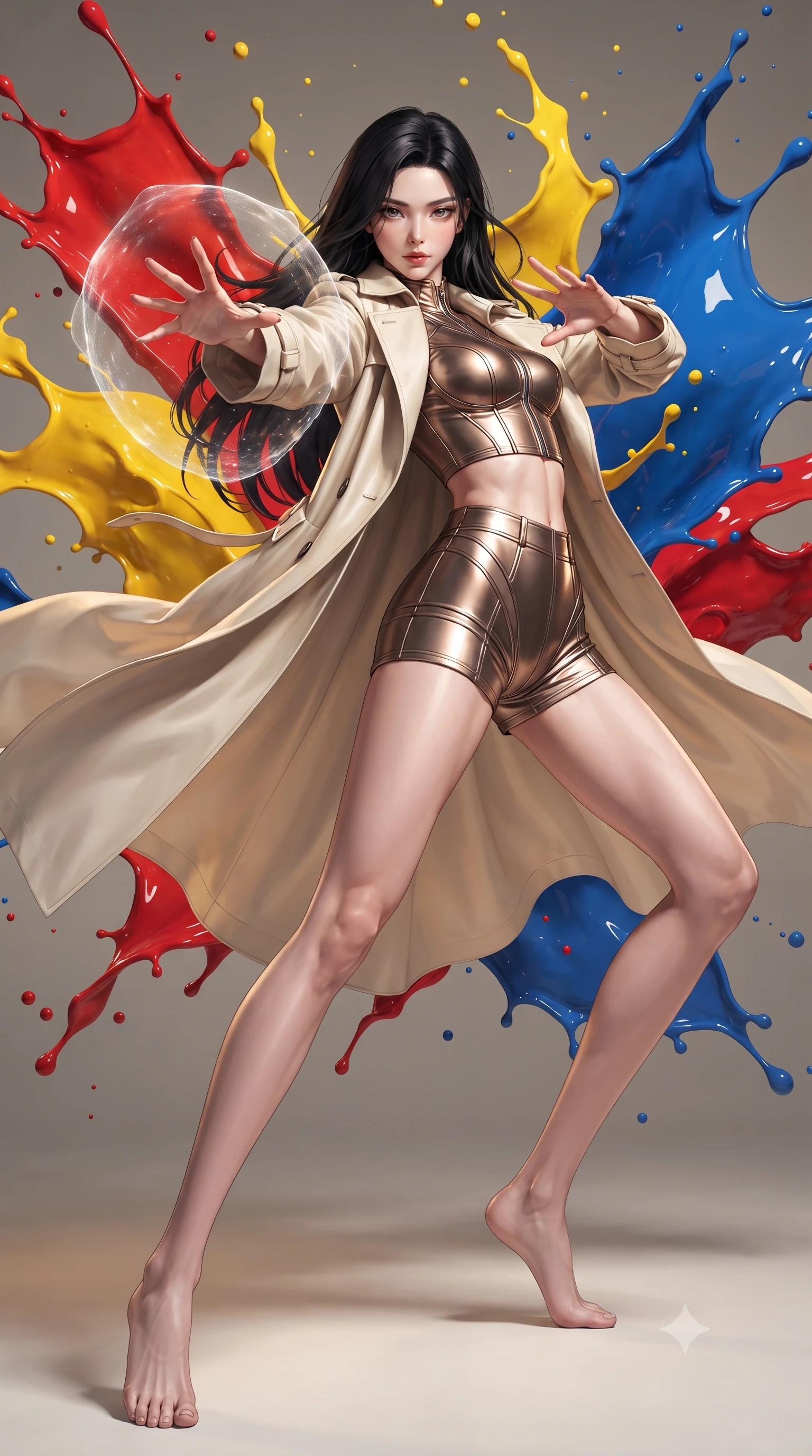 score_9, masterpiece, best quality, ultra-detailed, high-budget anime keyframe, editorial fashion photography, tasteful artistic composition, realistic cosplay photography, Korean woman. low angle full-body shot from head to toe showing her feet, filling the entire 9:16 vertical frame with her statuesque presence, stretching her vertical silhouette. dodging backward with feline agility while casting an energy barrier through inside a space where giant splashes of thick oil paint in red, yellow, and blue are frozen mid-explosion in the air. She has a statuesque 8.5-heads proportion, an exceptionally tall, slender and willowy model-like build with impossibly long legs and a highly sculpted ultra-slim waist. sharp v-shaped jawline, high-bridge nose, intricate jewel-like eyes with depth, thick eyelashes, glossy lips with a natural sheen. wearing tailored for maximum mobility, sleek form-contouring panels that allow fluid movement, a body-hugging metallic bronze crop top paired with high-waisted matching micro-shorts, under a flowing cream trench coat. dramatic chiaroscuro with a single golden key light sculpting her silhouette. ultra-reflective glossy finish, specular highlights, metallic sheen, high-contrast stereoscopic depth, volumetric dynamic lighting, 2k, ultra detail, master piece, 9:16 ratio