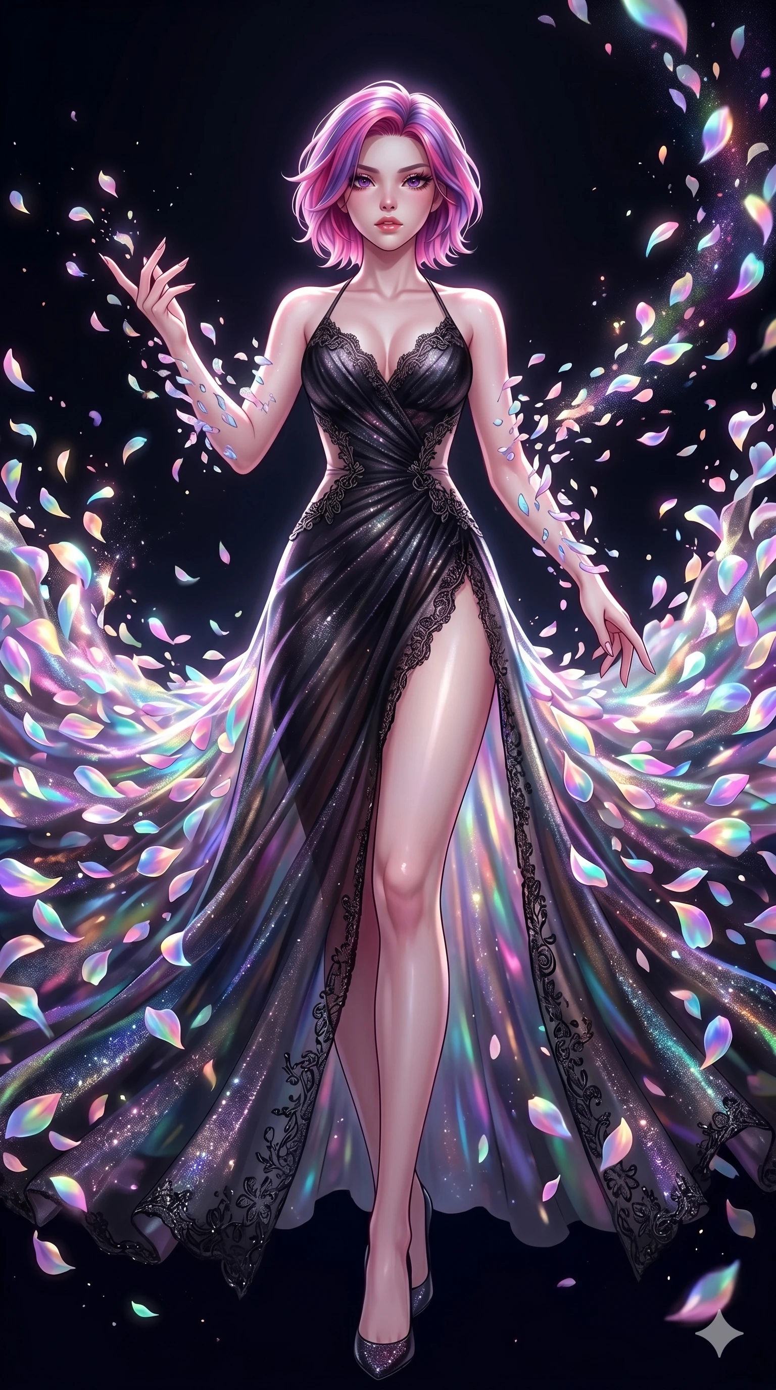 score_9, masterpiece, best quality, ultra-detailed, High-budget Anime Keyframe, East Asian woman. Low angle cowboy shot filling the entire 9:16 frame with her statuesque presence. Scenario 231: Dissolving into a cloud of iridescent silk petals in a void. Her presence is magnetic and overpowering in this high-budget anime scene. Outfit 231: A shimmering chiffon dangerous with a thigh-high slit and delicate lace embroidery. The clothing is designed to emphasize her exceptionally tall and slender 8-heads proportion. 8-heads proportion, towering silhouette, ultra-slim waist. sharp v-shaped jawline, intricate jewel-like eyes with depth, thick eyelashes, glossy lips. 2k, ultra detail, master piece, 9:16 ratio