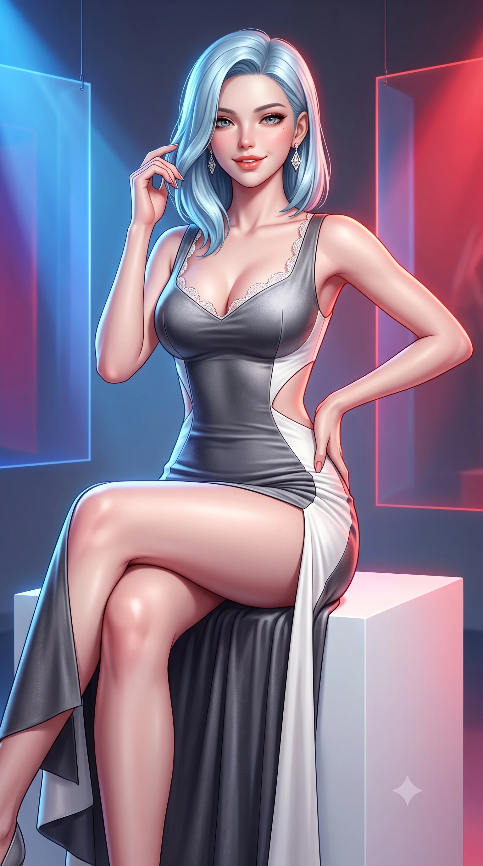 score_9, masterpiece, best quality, ultra-detailed, high-budget anime keyframe, semi-realistic 3D game render, editorial fashion photography, tasteful artistic composition, Korean woman. close-up cowboy shot from the waist and thighs up, the character dominates the composition, filling the frame with her large presence. twisting her slender torso in an alluring contrapposto stance, one hand resting on her sculpted hip while her fingers toy with her hair with effortless poise while sitting perched on a minimalist white cube with legs crossed, flashing a playful, teasing smile with glossy parted lips. The surrounding environment is rendered in vivid detail and crisp panoramic clarity: detailed strappy bandage mini dress texture, diamond earrings sparkle, and avant-garde gallery staging in high resolution. She has an exceptionally elegant, slender, and willowy female figure with an ultra-slim waist, flat toned midriff, narrow ribcage, and sculpted feminine hips creating an alluring, slim hourglass silhouette without bulk. sharp v-shaped jawline, high-bridge nose, sparkling eyes with hypnotic seductive depth, thick curled eyelashes, glossy parted lips with a natural dewy peach sheen, alluring bedroom-eyes with an enchanting coquettish smile, exuding magnetic siren charisma and sophisticated glamour, flawlessly proportioned anatomical accuracy, strict slender model proportions, natural body alignment, perfectly sculpted long slender limbs, ultra-slim waistline, clean dynamic posture without body distortion. wearing a sculptural liquid jersey column dress with a dramatic hip-high side slit and asymmetrical cutout waist darts in architectural titanium grey and pure milk white, tailored from ultra-plush velvet with rich tactile depth and deep shadow gradients, finished with scalloped eyelash lace trim framing her sweetheart neckline with intimate elegance, the glove-like clinging cut tightly following the natural contour of her hips and long slender legs with youthful 8.5-heads elegance. bathed in shifting primary-color light beams transmitted through suspended translucent acrylic panels. highly saturated vibrant anime colors, detailed shading with soft gradients, rich glossy textures, high-contrast stereoscopic depth, volumetric dynamic lighting, master piece, 9:16 ratio