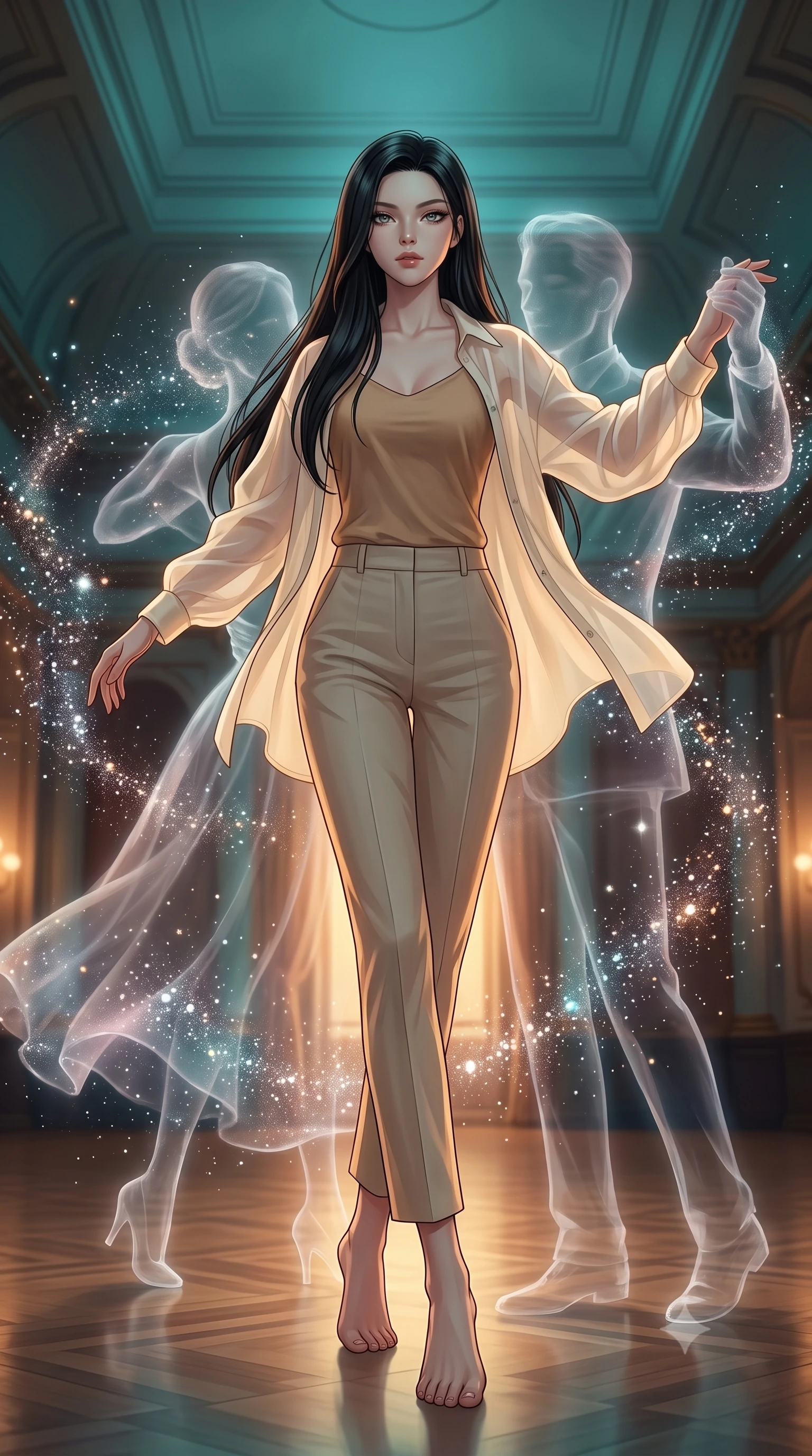 score_9, masterpiece, best quality, ultra-detailed, high-budget anime keyframe, editorial fashion photography, tasteful artistic composition, Korean woman. low angle full-body shot from head to toe showing her feet, filling the entire 9:16 vertical frame with her statuesque presence, stretching her vertical silhouette. dancing with weightless grace through a grand ballroom where quantum particles appear and disappear in probability clouds ghostly translucent waltz partners materializing and dissolving with each observation wave functions collapsing into brief moments of beauty. She has a statuesque 8.5-heads proportion, an exceptionally tall, slender and willowy model-like build with impossibly long legs and a highly sculpted ultra-slim waist. sharp v-shaped jawline, high-bridge nose, intricate jewel-like eyes with depth, thick eyelashes, glossy lips with a natural sheen. wearing a semi-transparent cream organza oversized shirt layered naturally over a tan-colored camisole top, paired with tailored trousers. warm amber rim lighting combined with cool teal fill light creating dramatic contrast. 2k, ultra detail, master piece, 9:16 ratio