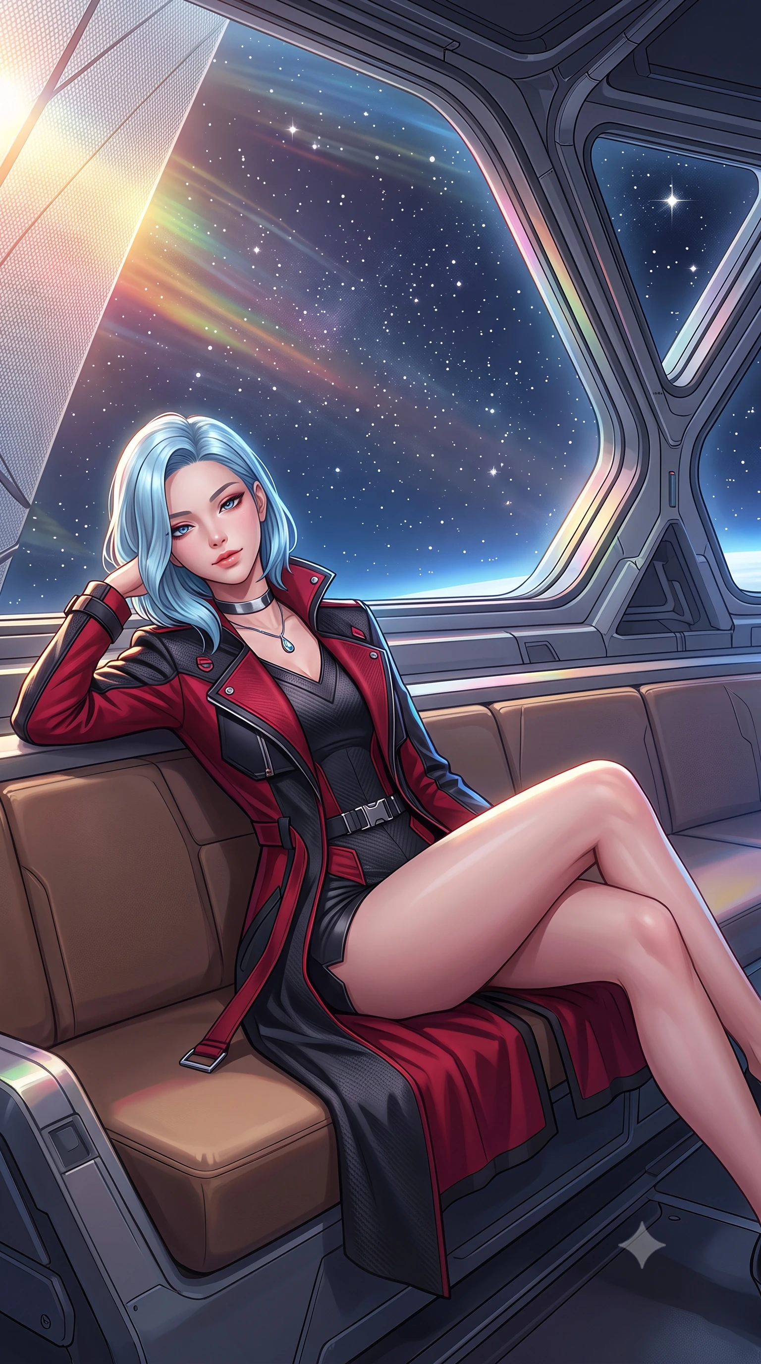 score_9, masterpiece, best quality, ultra-detailed, high-budget anime keyframe, semi-realistic 3D game render, editorial fashion photography, tasteful artistic composition, Korean woman. close-up cowboy shot from the waist and thighs up, the character dominates the composition, filling the frame with her large presence. leaning back against the balustrade with relaxed seductive grace, head tilted back slightly while casting a hypnotic, heavy-lidded gaze while lounging gracefully across the observation pod couch propped on one elbow with legs extended, displaying her long slender legs and statuesque hourglass silhouette against the cosmic solar wind. The surrounding environment is rendered in vivid detail and crisp panoramic clarity: sharp ultra-thin nanofiber sail weave textures, carbon-composite spar joints, and razor-sharp celestial starpoints in deep focus. She has an exceptionally elegant, slender, and willowy female figure with an ultra-slim waist, flat toned midriff, narrow ribcage, and sculpted feminine hips creating an alluring, slim hourglass silhouette without bulk. sharp v-shaped jawline, high-bridge nose, intricate jewel-like sparkling eyes with depth, thick eyelashes, glossy parted lips with a natural peach sheen, bright cheerful beaming smile with an enchanting and coquettish sensual glint, exuding both youthful cute charm and seductive allure, flawlessly proportioned anatomical accuracy, strict slender model proportions, natural body alignment, perfectly sculpted long slender limbs, ultra-slim waistline, clean dynamic posture without body distortion. wearing a bespoke tactical commander trench coat in matte carbon-weave with magnetic utility buckles, storm flaps, and high standing collar in Star-Fortress obsidian black and imperial crimson, woven from structured carbon-fiber jacquard with rich textural depth, finished with a minimalist chrome choker and a single teardrop diamond pendant, the bespoke structured tailoring following the natural line of her 8.5-heads silhouette with refined elegance. illuminated by solar sail diffraction reflection bounce and sharp chromatic-rainbow rim lights defining her jawline, narrow waist, and curvy hips. highly saturated vibrant anime colors, detailed shading with soft gradients, rich glossy textures, high-contrast stereoscopic depth, volumetric dynamic lighting, master piece, 9:16 ratio